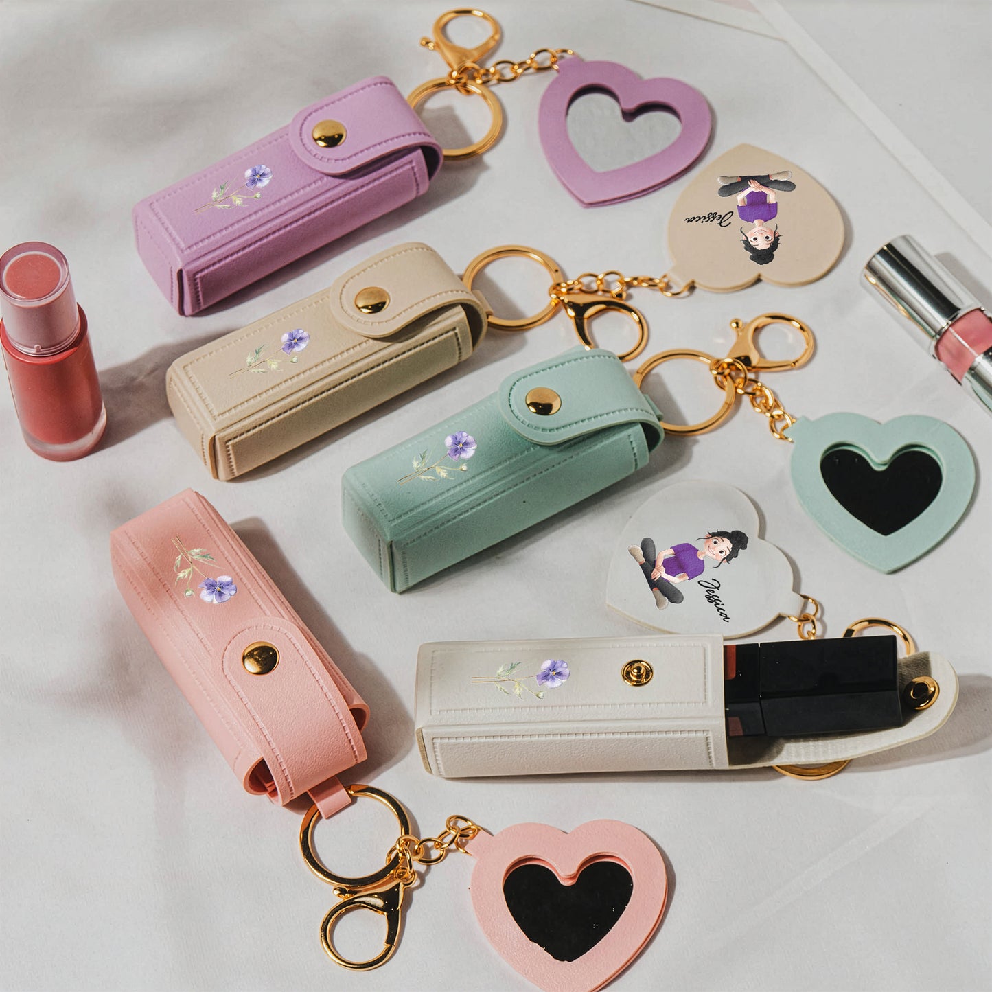 Custom Birth Flower For Her, Daughter, Wife Light Ver - Personalized Leather Lipstick Case With Mirror Keychain