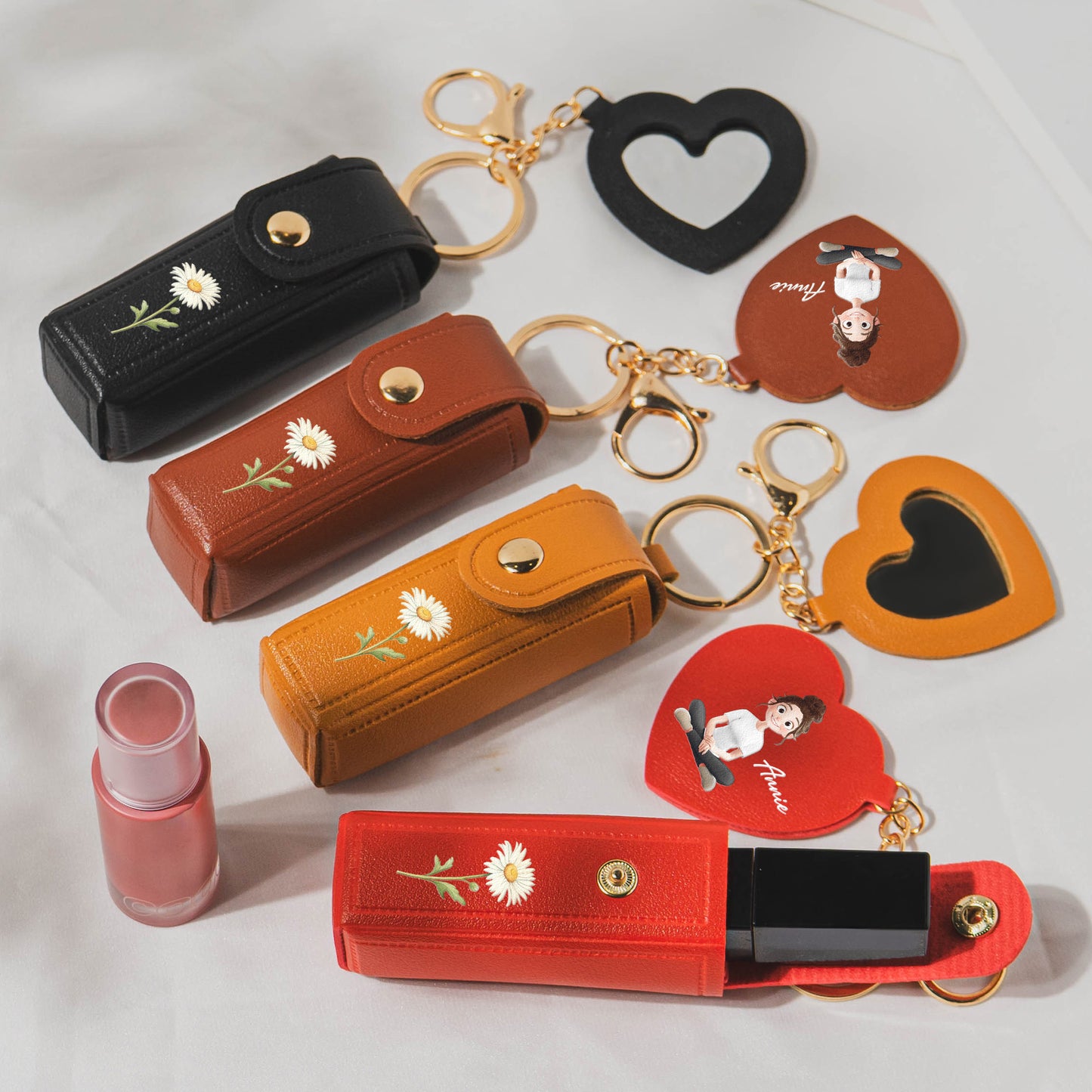 Custom Birth Flower For Her, Daughter, Wife Light Ver - Personalized Leather Lipstick Case With Mirror Keychain
