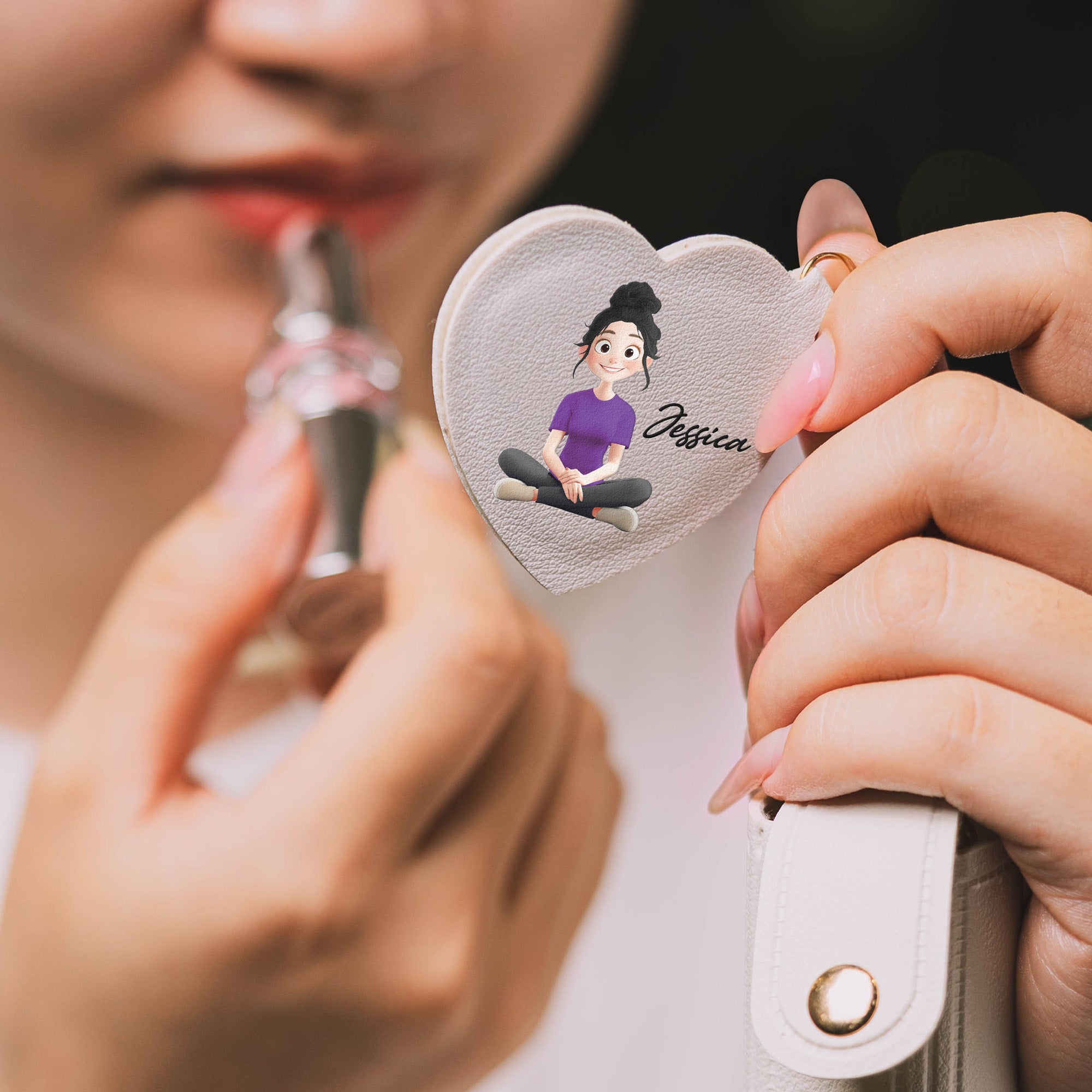 Custom Birth Flower For Her, Daughter, Wife Light Ver - Personalized Leather Lipstick Case With Mirror Keychain