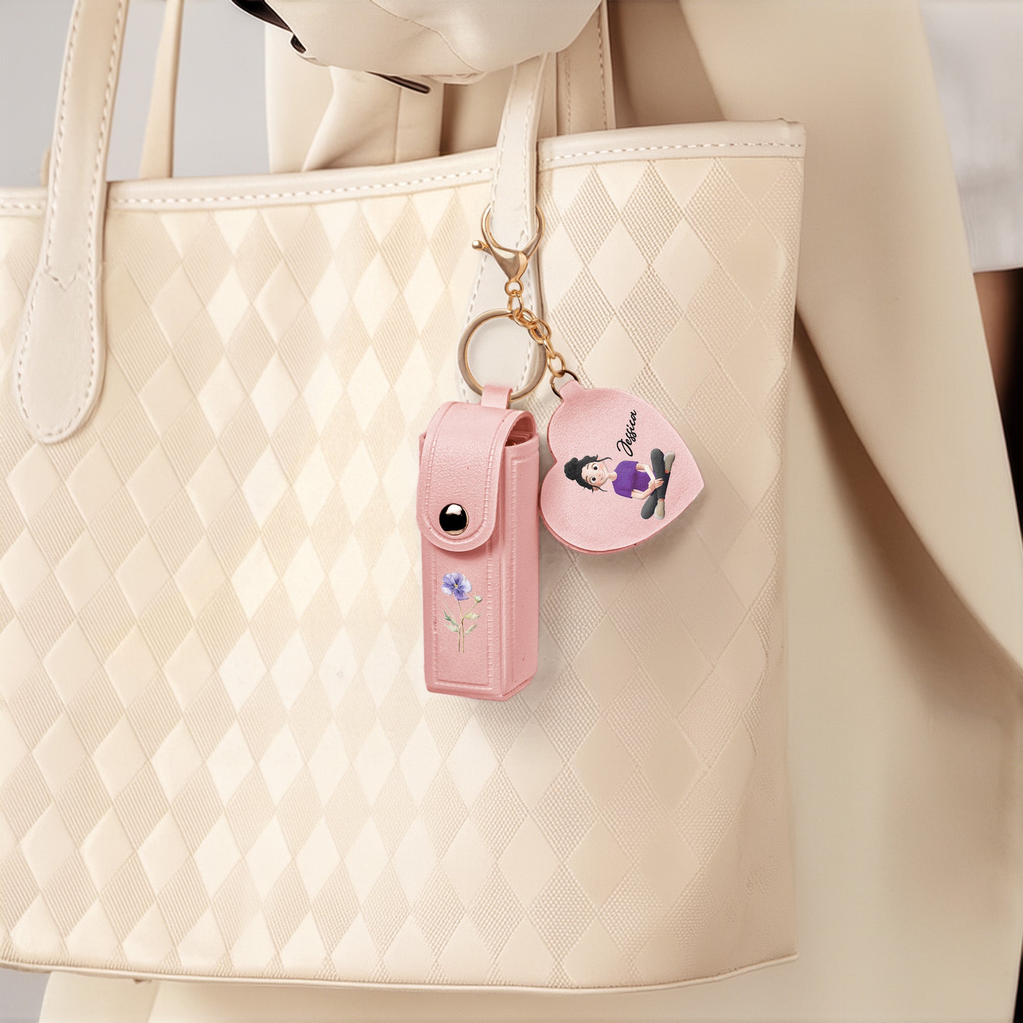 Custom Birth Flower For Her, Daughter, Wife Light Ver - Personalized Leather Lipstick Case With Mirror Keychain