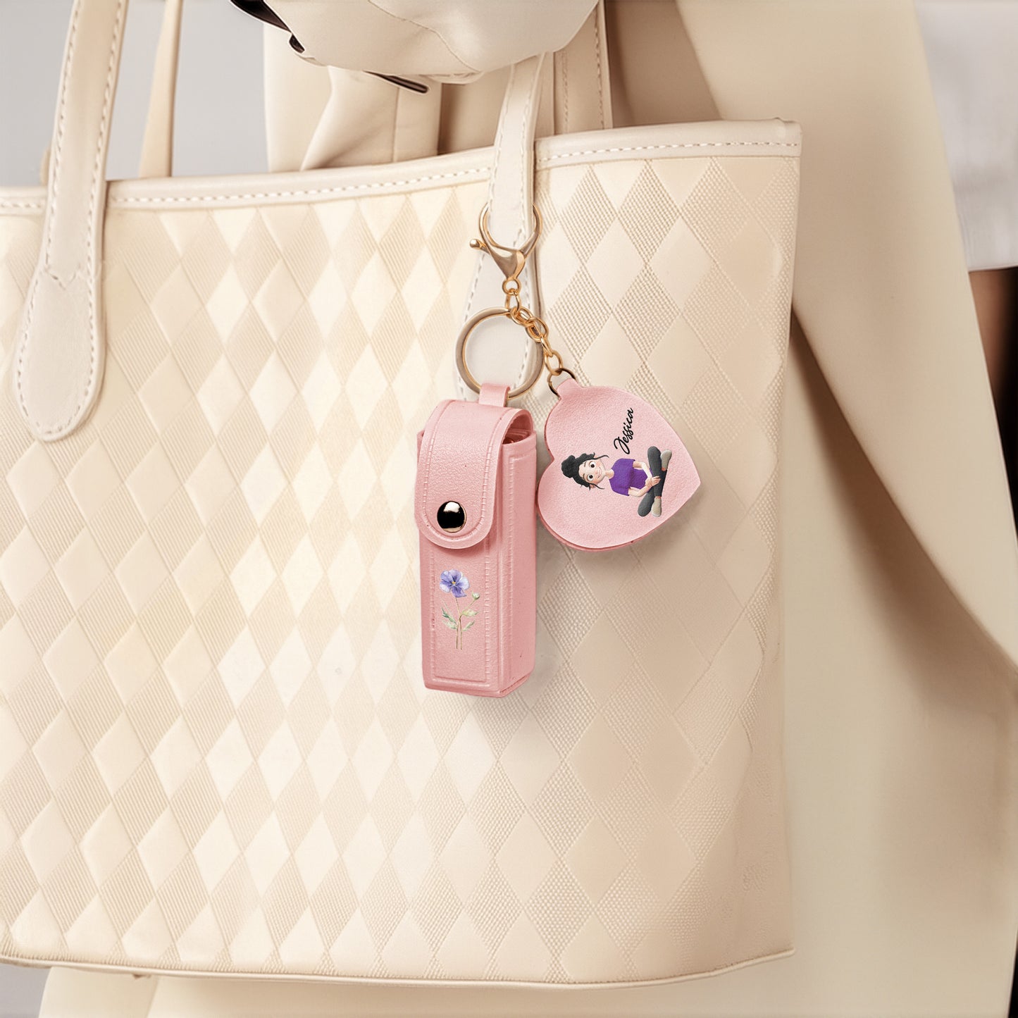 Custom Birth Flower For Her, Daughter, Wife Light Ver - Personalized Leather Lipstick Case With Mirror Keychain