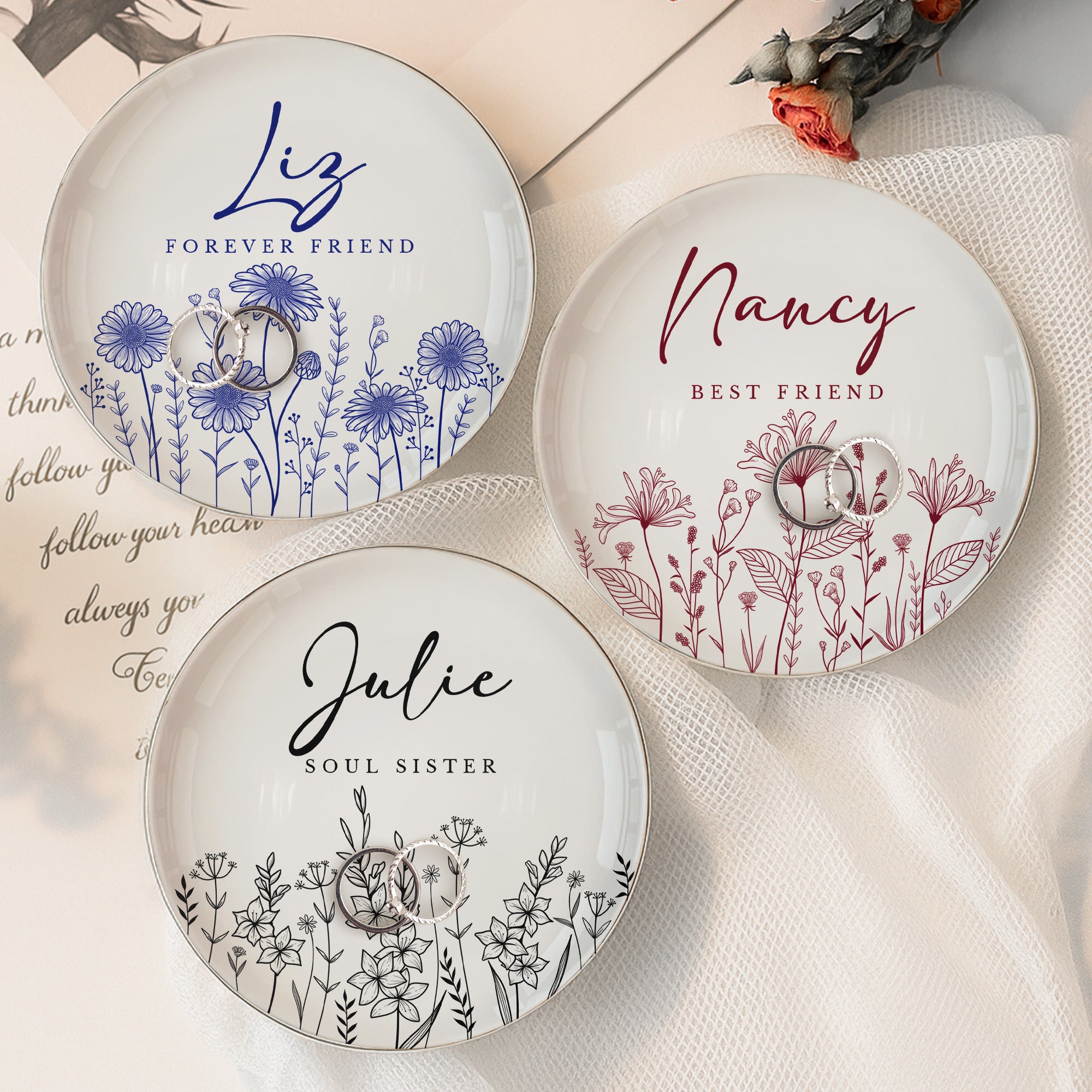 Custom Birth Flower Gift For Friend Friendship Gift - Personalized Jewelry Dish