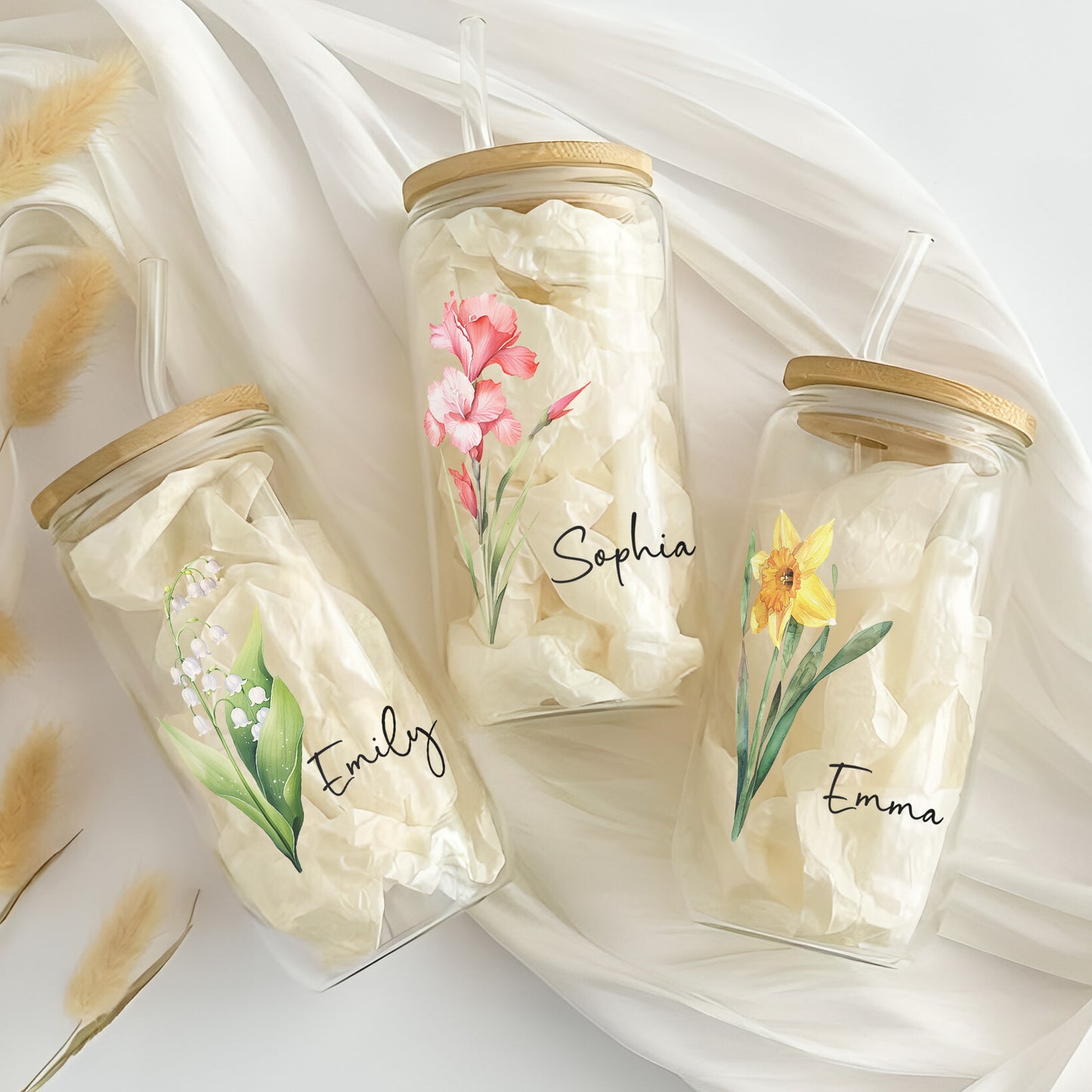 Custom Birth Flower Gift For Her, Wife, Daughter, Friends, Sisters - Personalized Clear Glass Cup