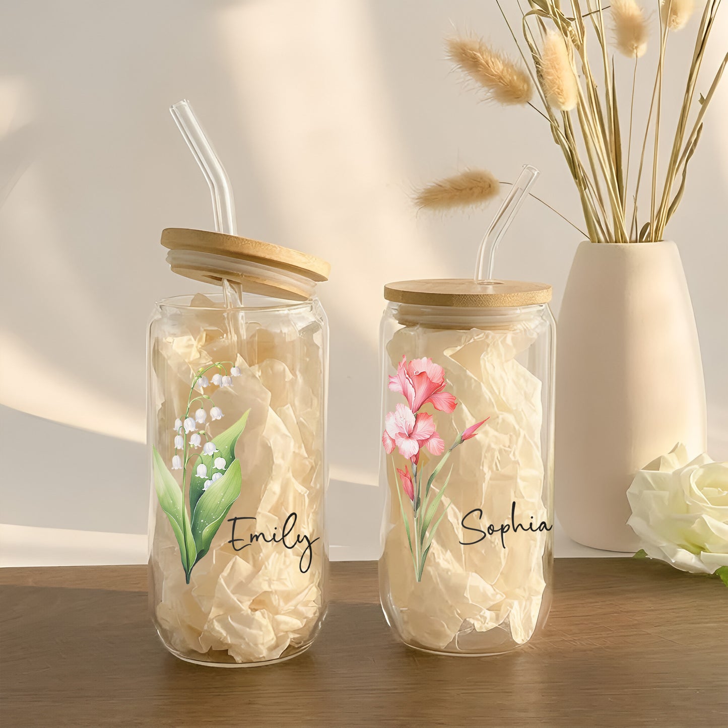 Custom Birth Flower Gift For Her, Wife, Daughter, Friends, Sisters - Personalized Clear Glass Cup