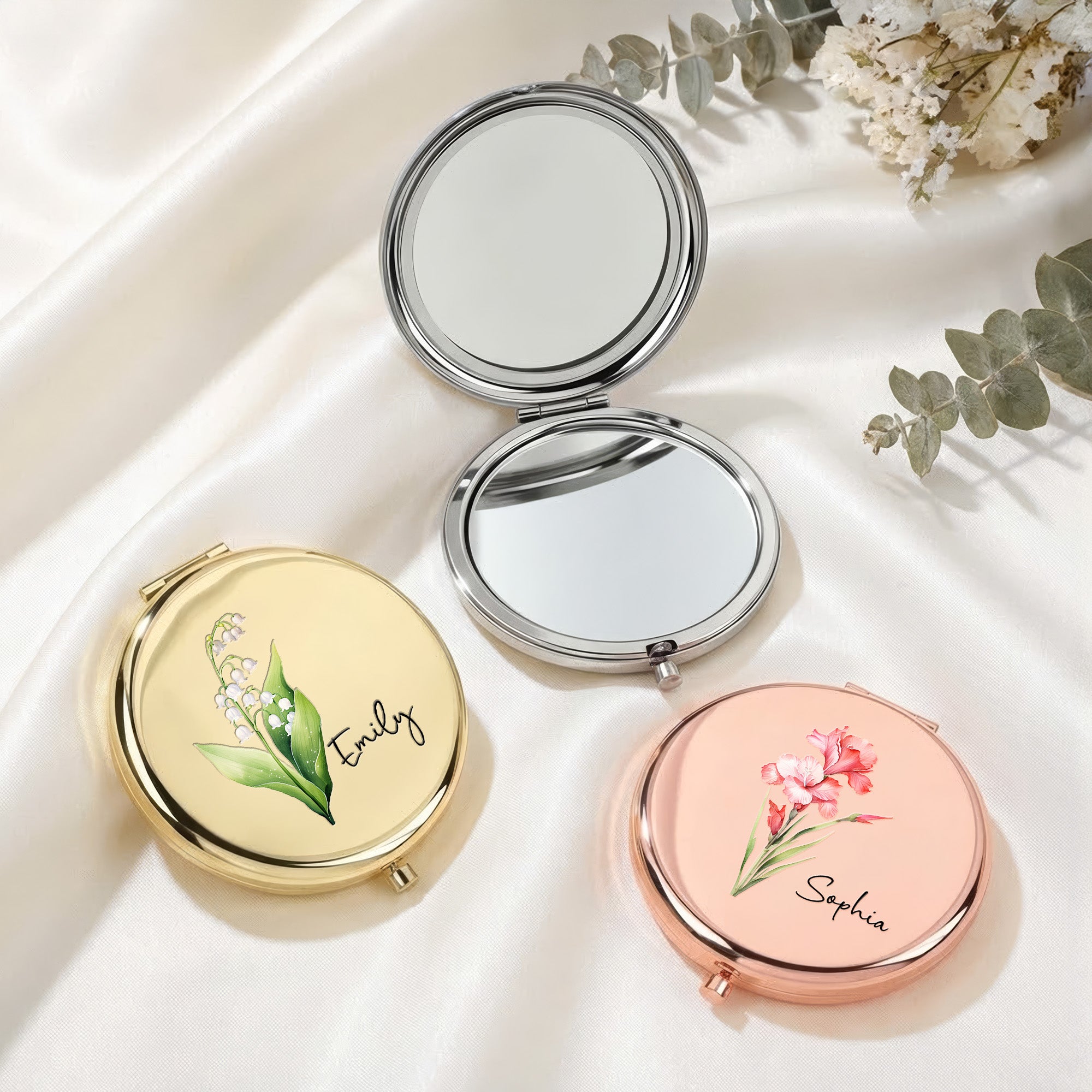 Custom Birth Flower Gift For Her, Wife, Daughter, Friends, Sisters - Personalized Compact Mirror