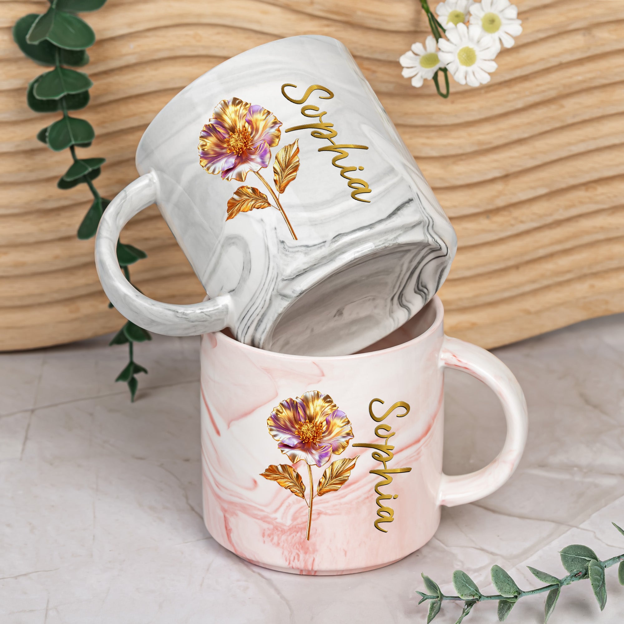 Custom Birth Flower - Gifts For Her, Daughters, Moms, Besties - Personalized Marble Mug