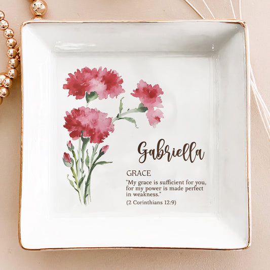 Custom Birth Flower Initial With Bible Verse - Personalized Jewelry Dish