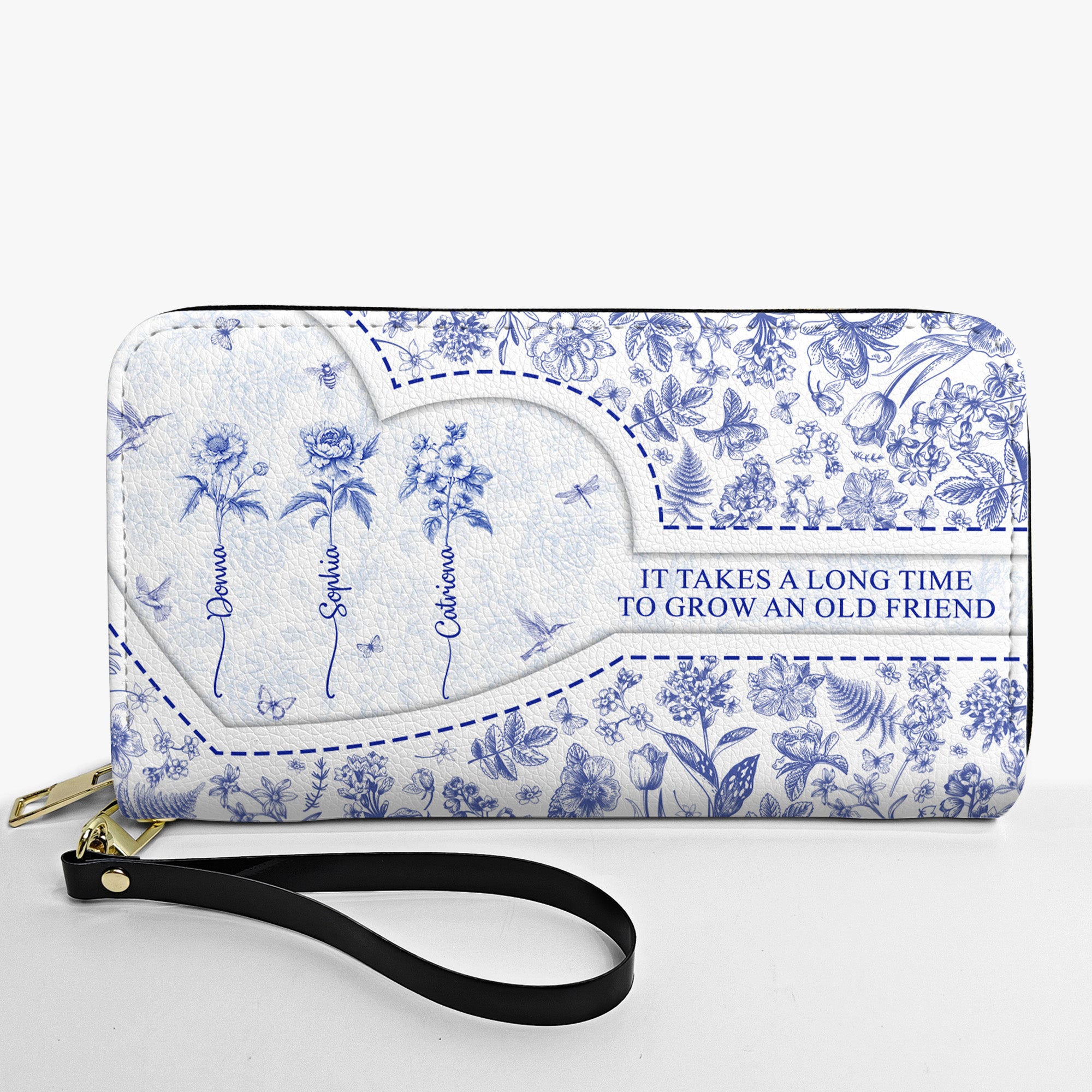 Custom Birth Flower It Takes A Long Time To Grow An Old Friend Toile De Jouy - Personalized Leather Long Wallet