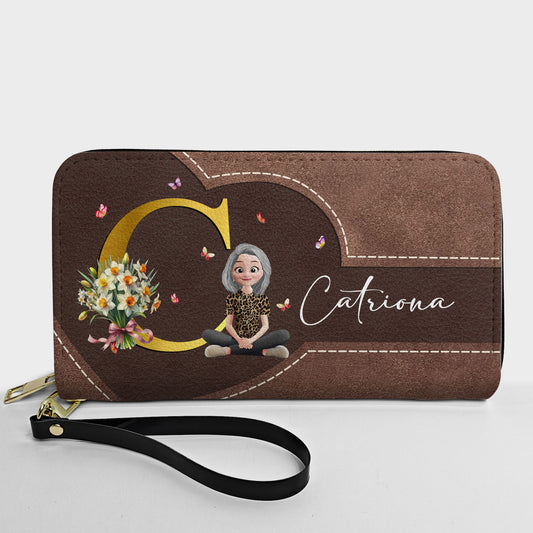 Custom Birth Flower Monogram Letter - Personalized Leather Long Wallet