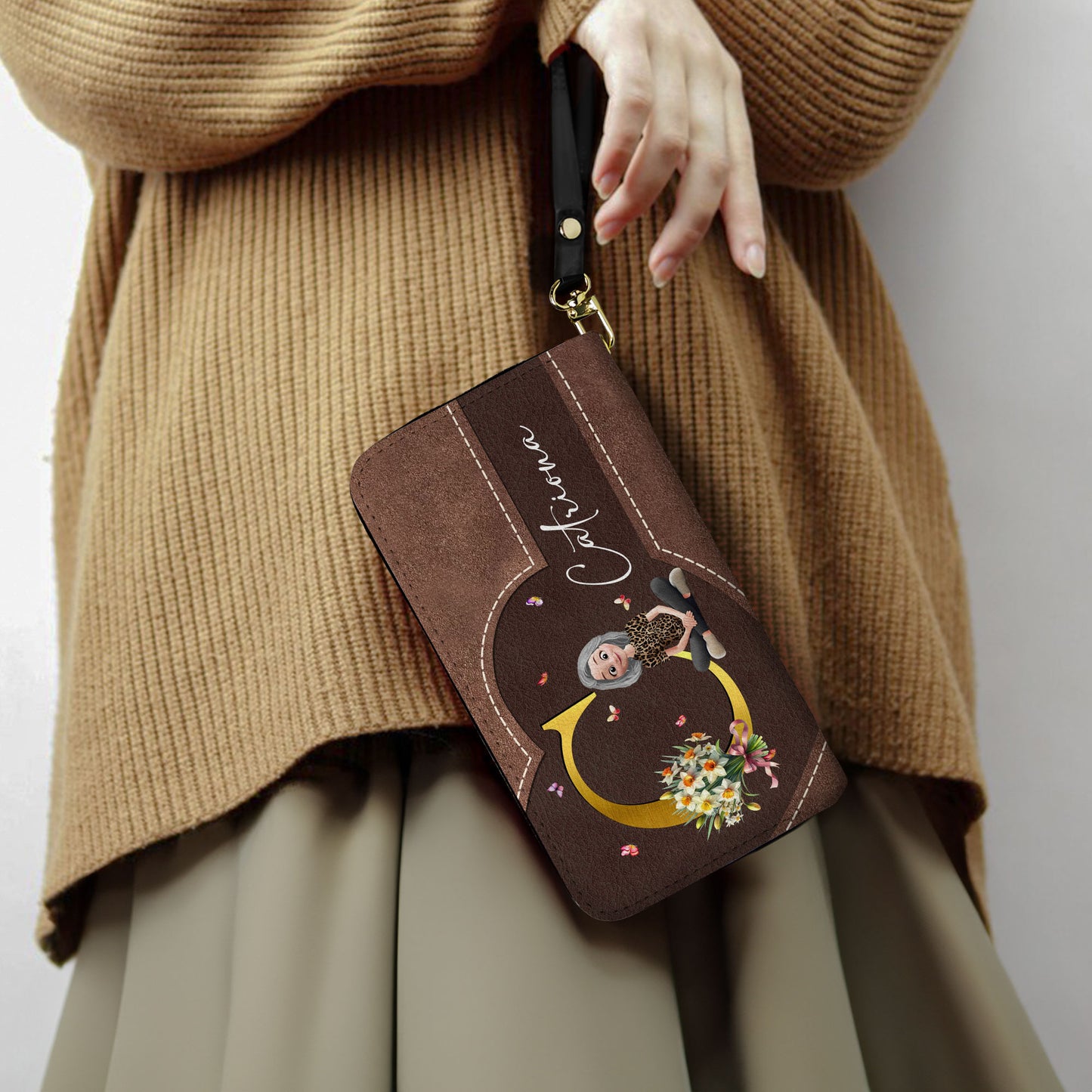 Custom Birth Flower Monogram Letter - Personalized Leather Long Wallet