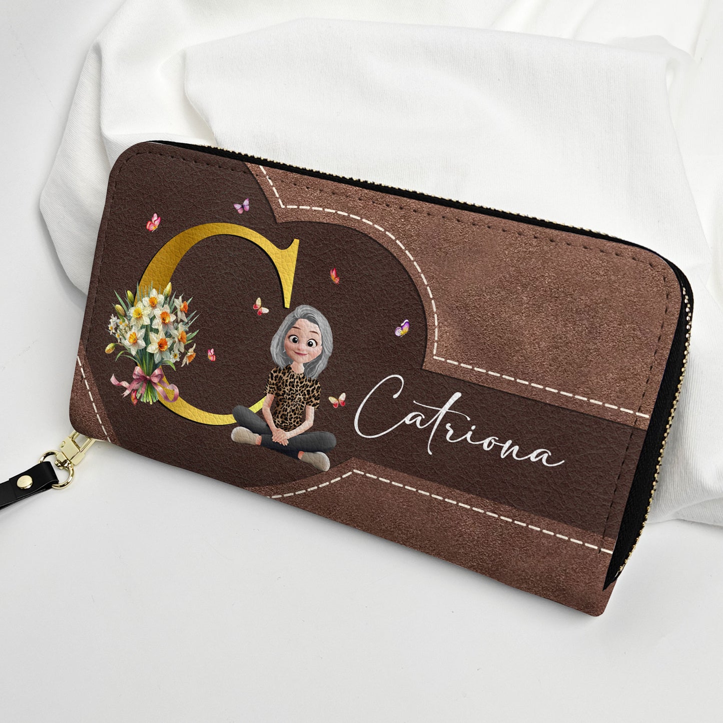 Custom Birth Flower Monogram Letter - Personalized Leather Long Wallet