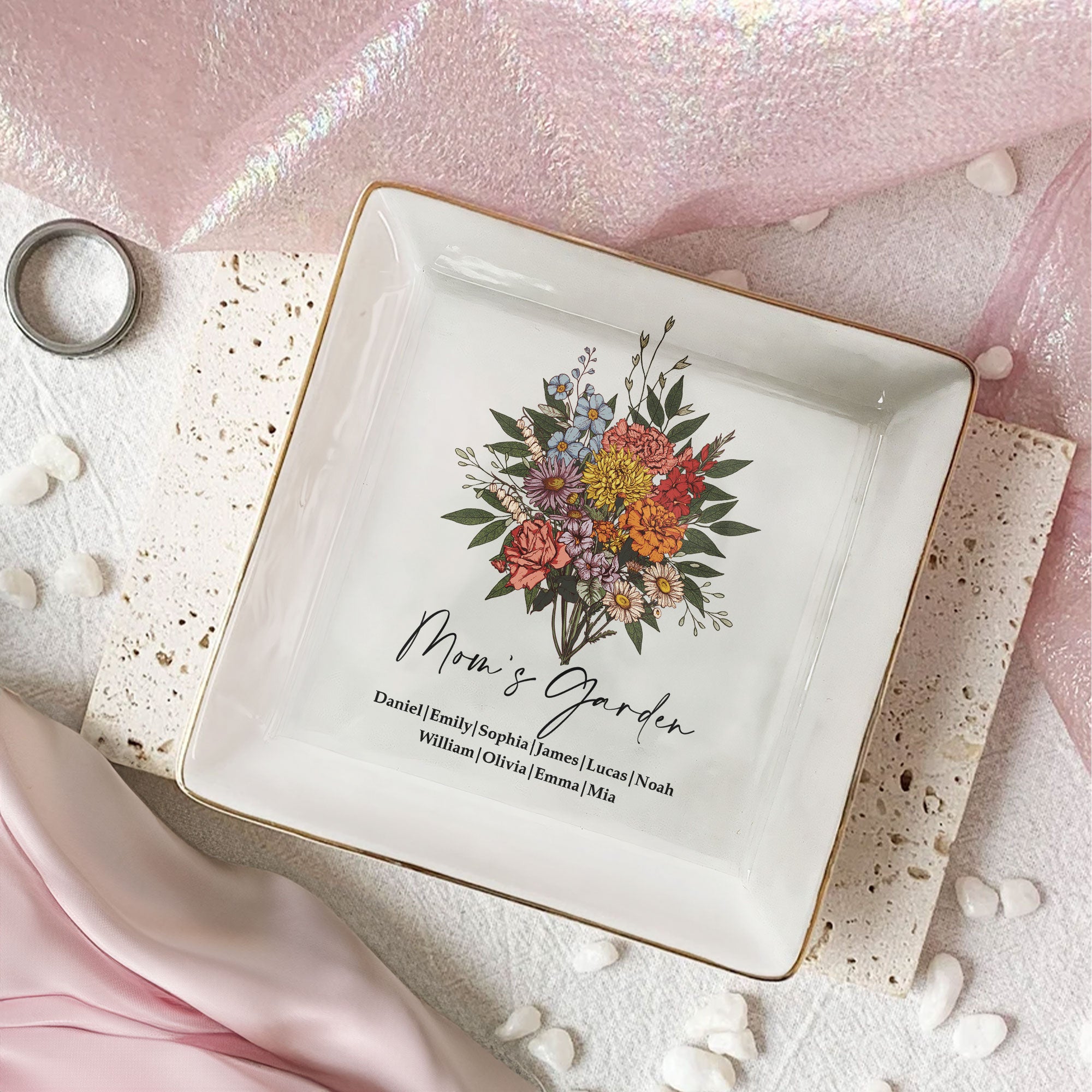Custom Birth Flower - Mother's Day Gift For Mom From Daughter, Son - Personalized Jewelry Dish