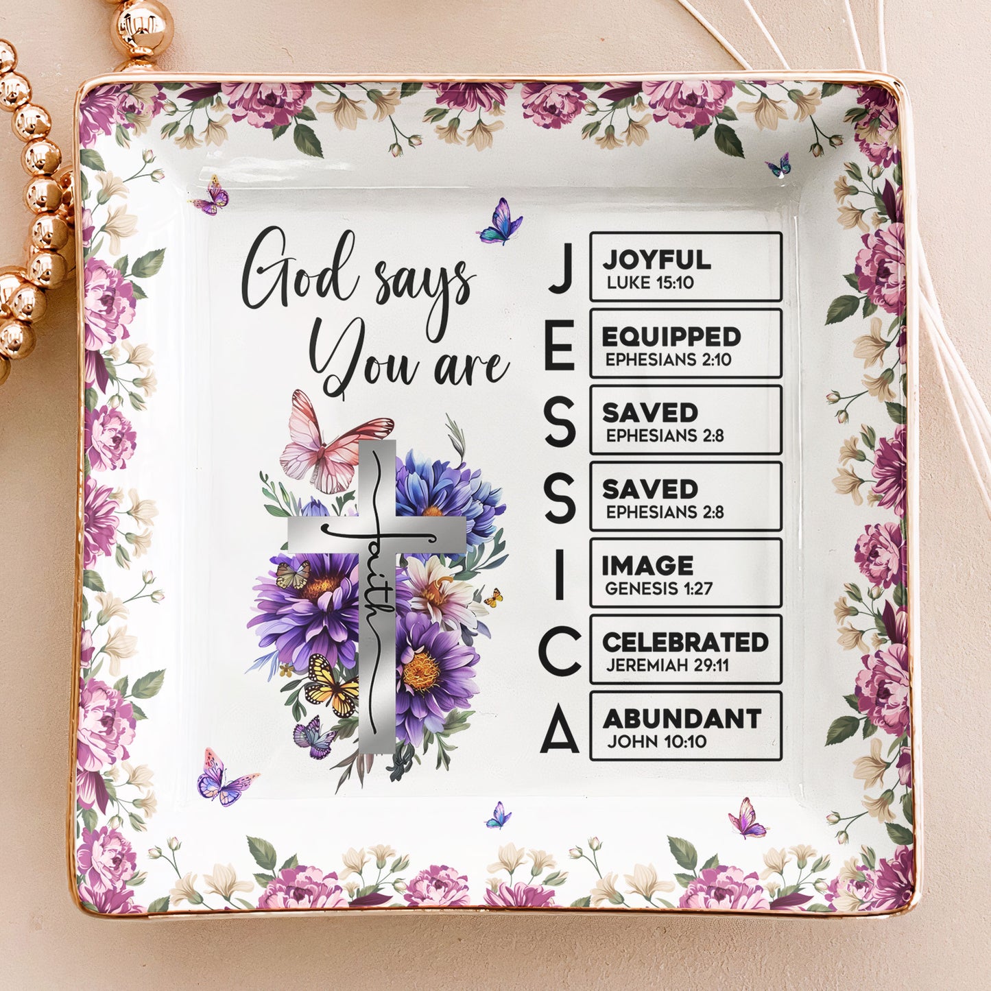 Custom Birth Flower With Name Letter In Bible Christian Gift - Personalized Jewelry Dish