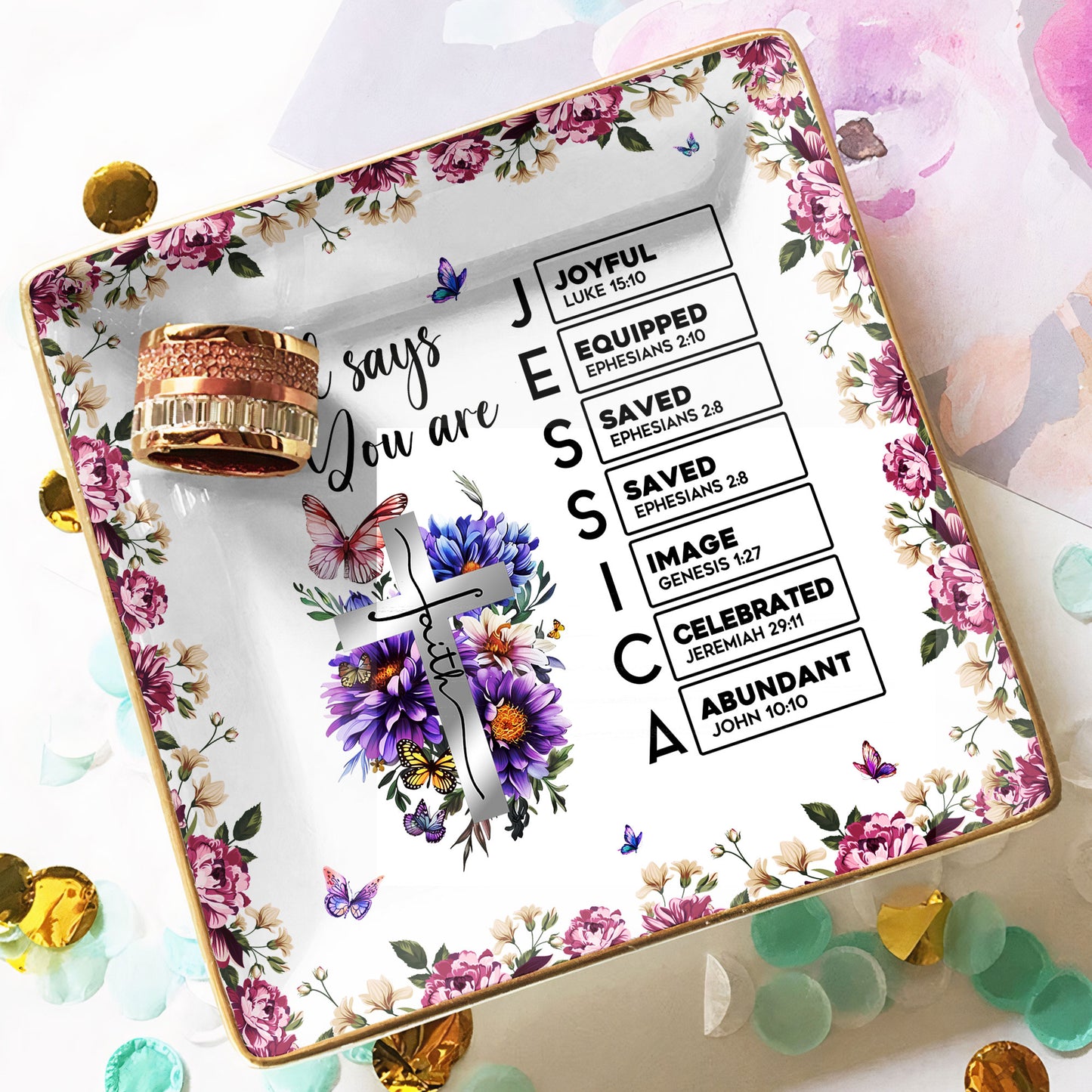Custom Birth Flower With Name Letter In Bible Christian Gift - Personalized Jewelry Dish