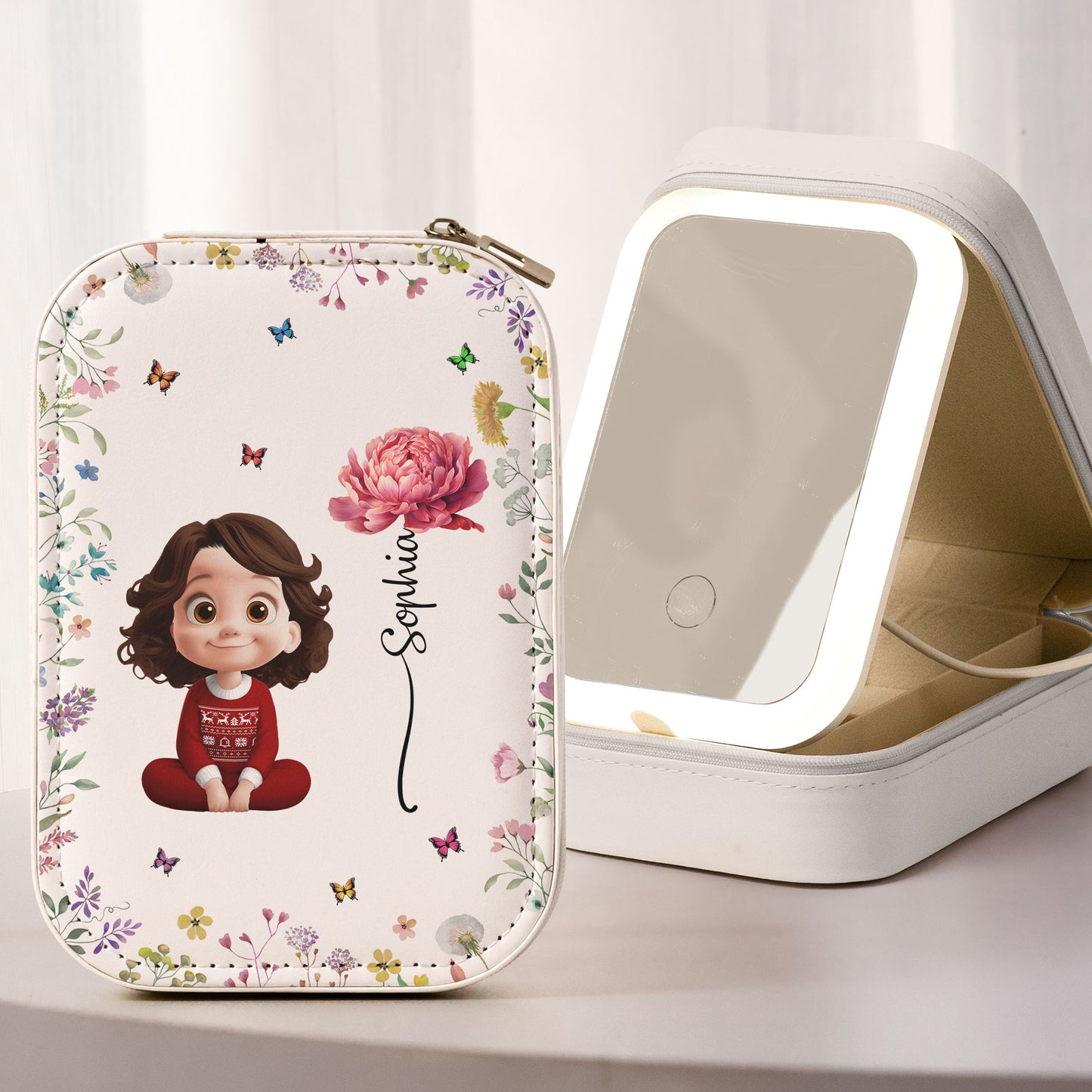 Custom Birth Flower & Cute Character For Daughter, Granddaughter, Her - Custom Makeup Box With LED Mirror
