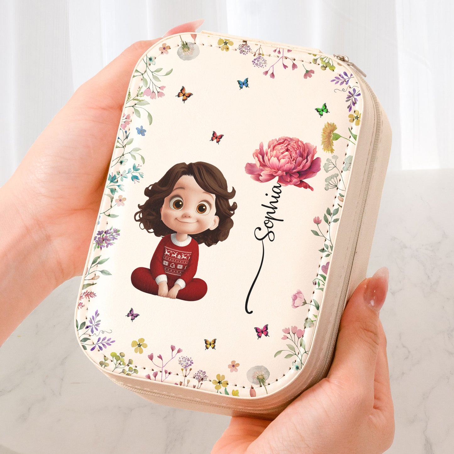 Custom Birth Flower & Cute Character For Daughter, Granddaughter, Her - Custom Makeup Box With LED Mirror