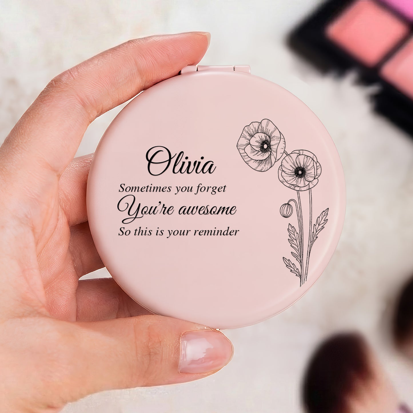 Custom Birth Flower & Mirror Daily Affirmations Message For Her, Daughter, Sister - Personalized Compact Mirror