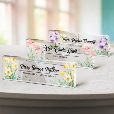 Custom Birth Flower & Name For Coworkers, Teacher Thank You Gifts - Personalized Name Plate