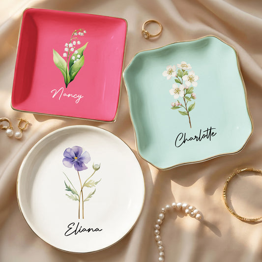Custom Birth Flower & Name For Her, Gift For Friends, Coworkers, Daughters, Sisters - Personalized Jewelry Dish