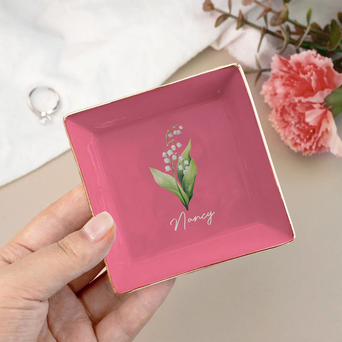 Custom Birth Flower & Name For Her, Gift For Friends, Coworkers, Daughters, Sisters - Personalized Jewelry Dish