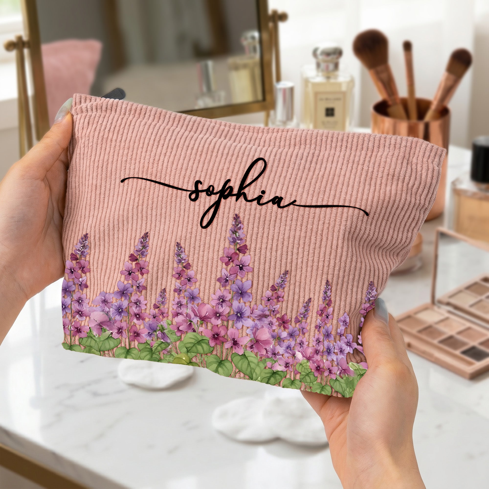 Custom Birth Flower & Name For Her, Coworker, Friends, Daughter - Personalized Makeup Bag
