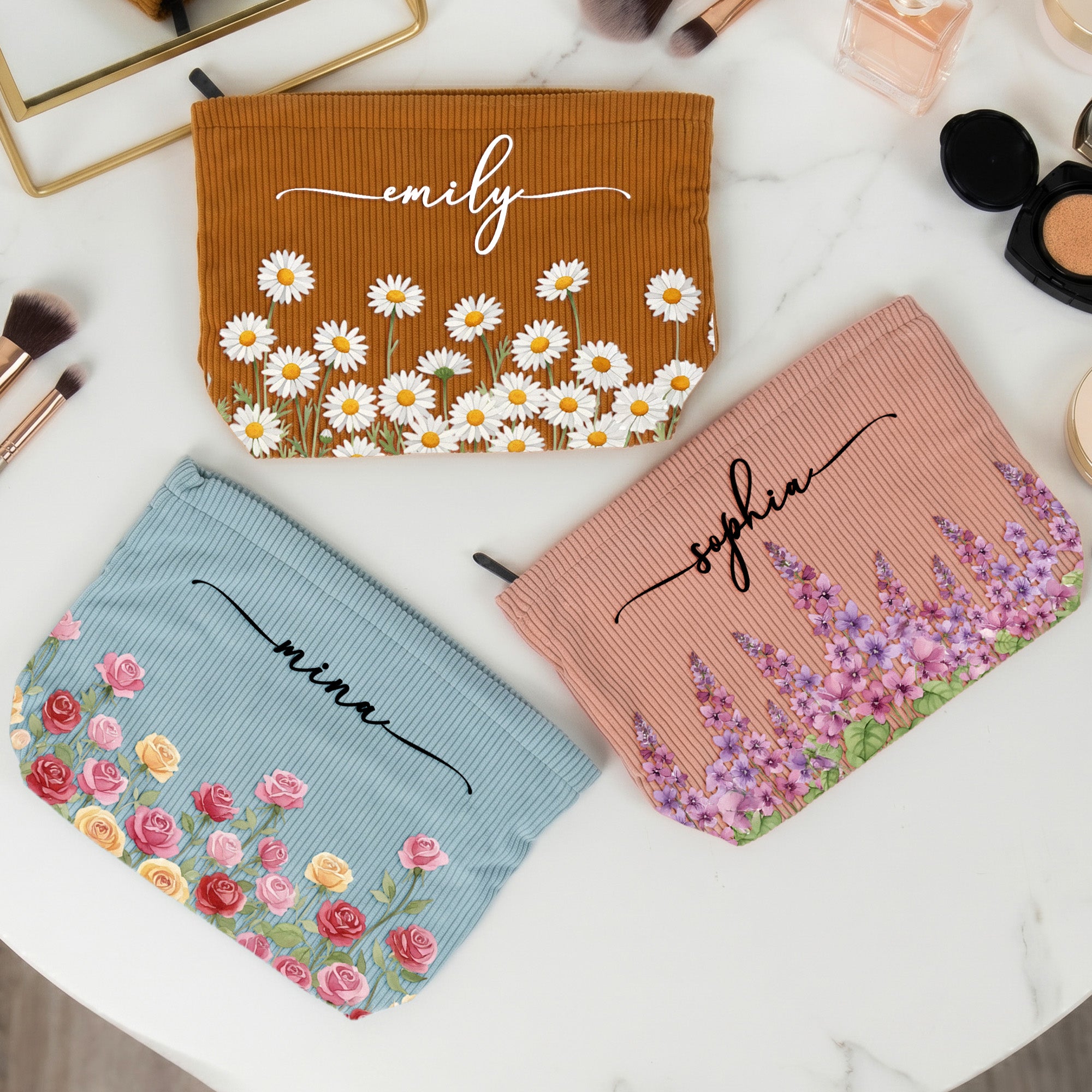 Custom Birth Flower & Name For Her, Coworker, Friends, Daughter - Personalized Makeup Bag