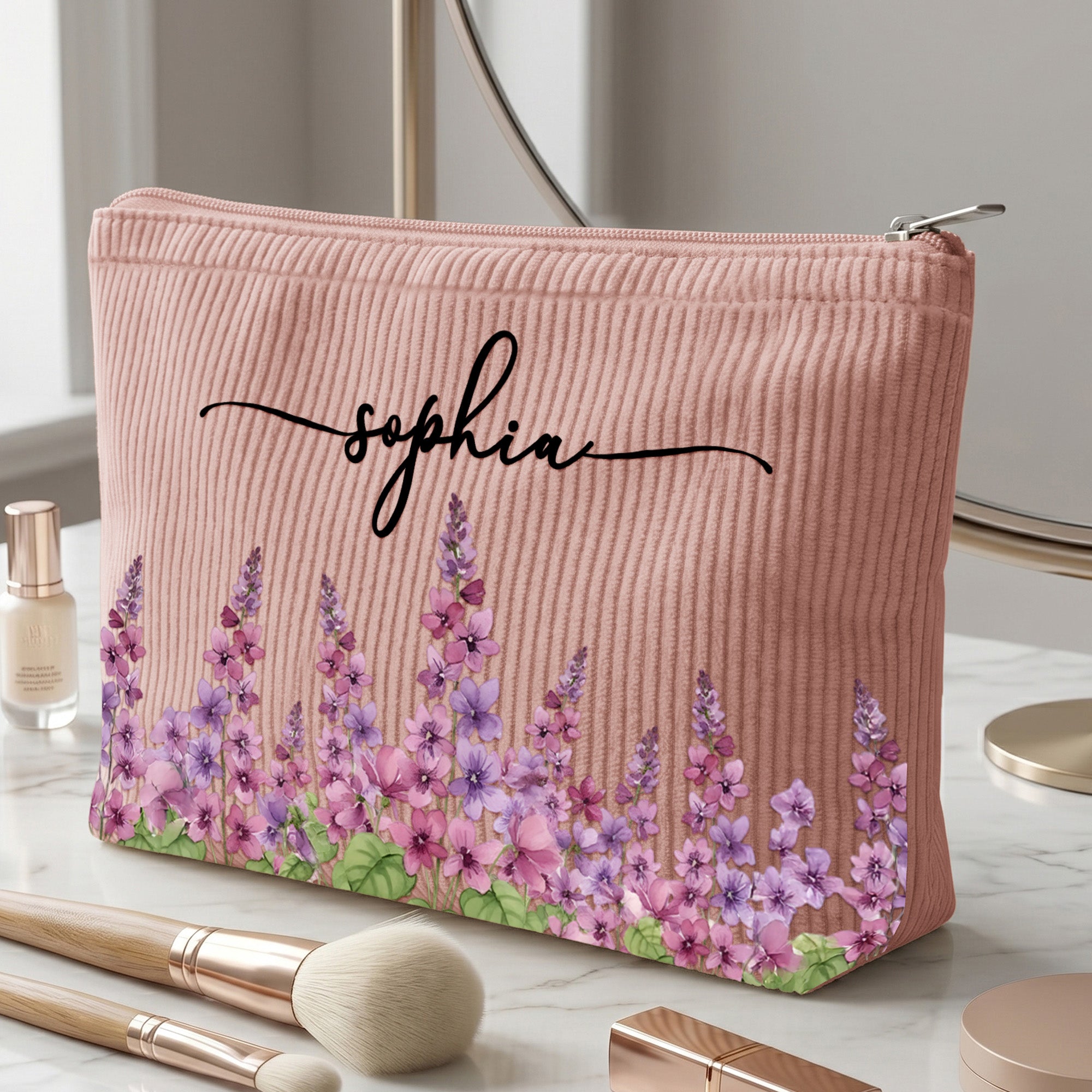 Custom Birth Flower & Name For Her, Coworker, Friends, Daughter - Personalized Makeup Bag