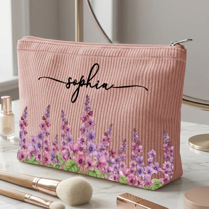 Custom Birth Flower & Name For Her, Coworker, Friends, Daughter - Personalized Makeup Bag