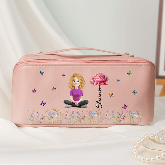 Custom Birth Flower & Name For Her, Wife, Daughter, Sister, Friends - Personalized Leather Makeup Bag