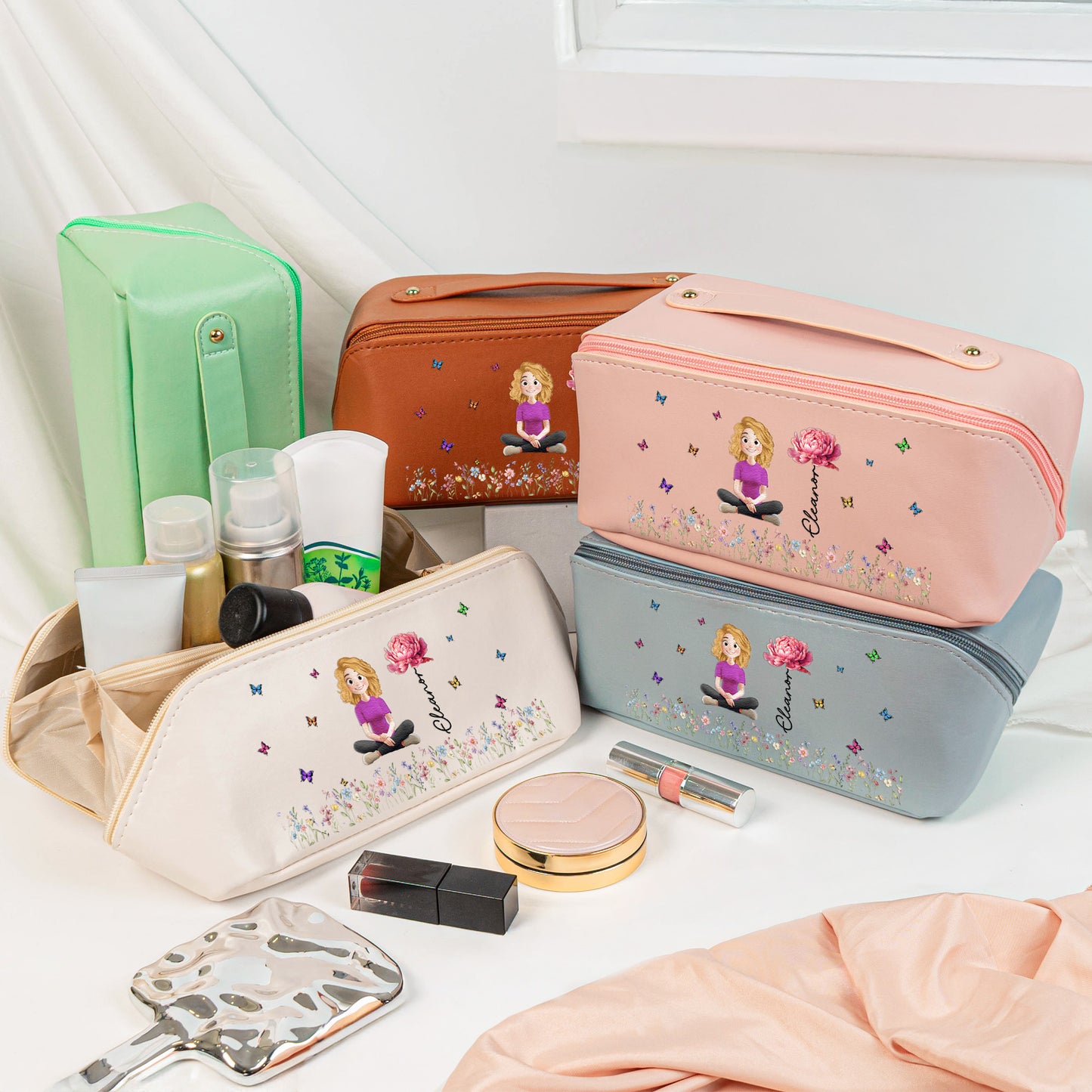 Custom Birth Flower & Name For Her, Wife, Daughter, Sister, Friends - Personalized Leather Makeup Bag