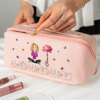 Custom Birth Flower & Name For Her, Wife, Daughter, Sister, Friends - Personalized Leather Makeup Bag