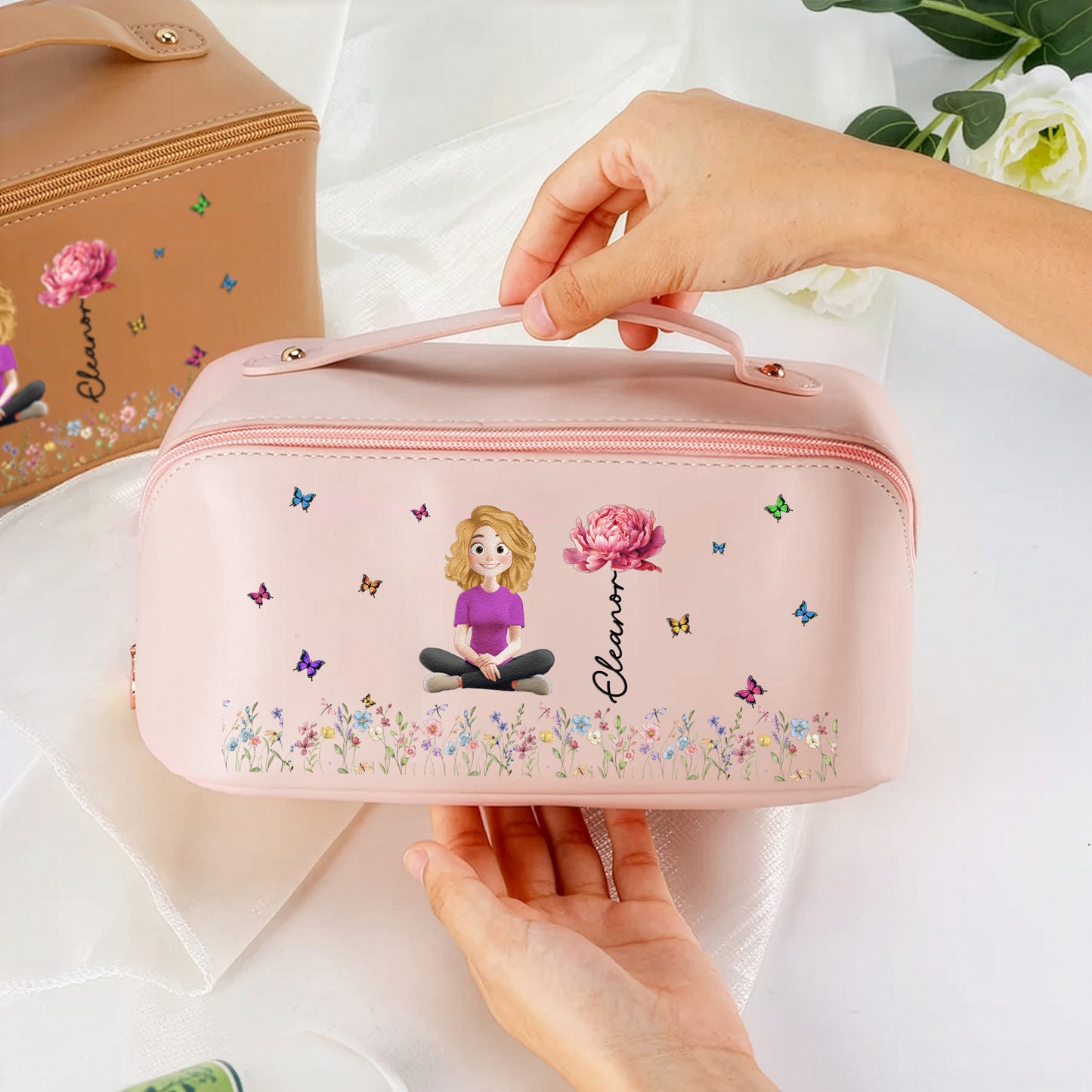 Custom Birth Flower & Name For Her, Wife, Daughter, Sister, Friends - Personalized Leather Makeup Bag