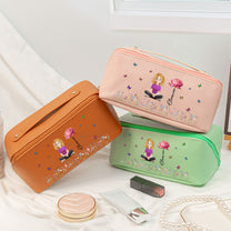 Custom Birth Flower & Name For Her, Wife, Daughter, Sister, Friends - Personalized Leather Makeup Bag