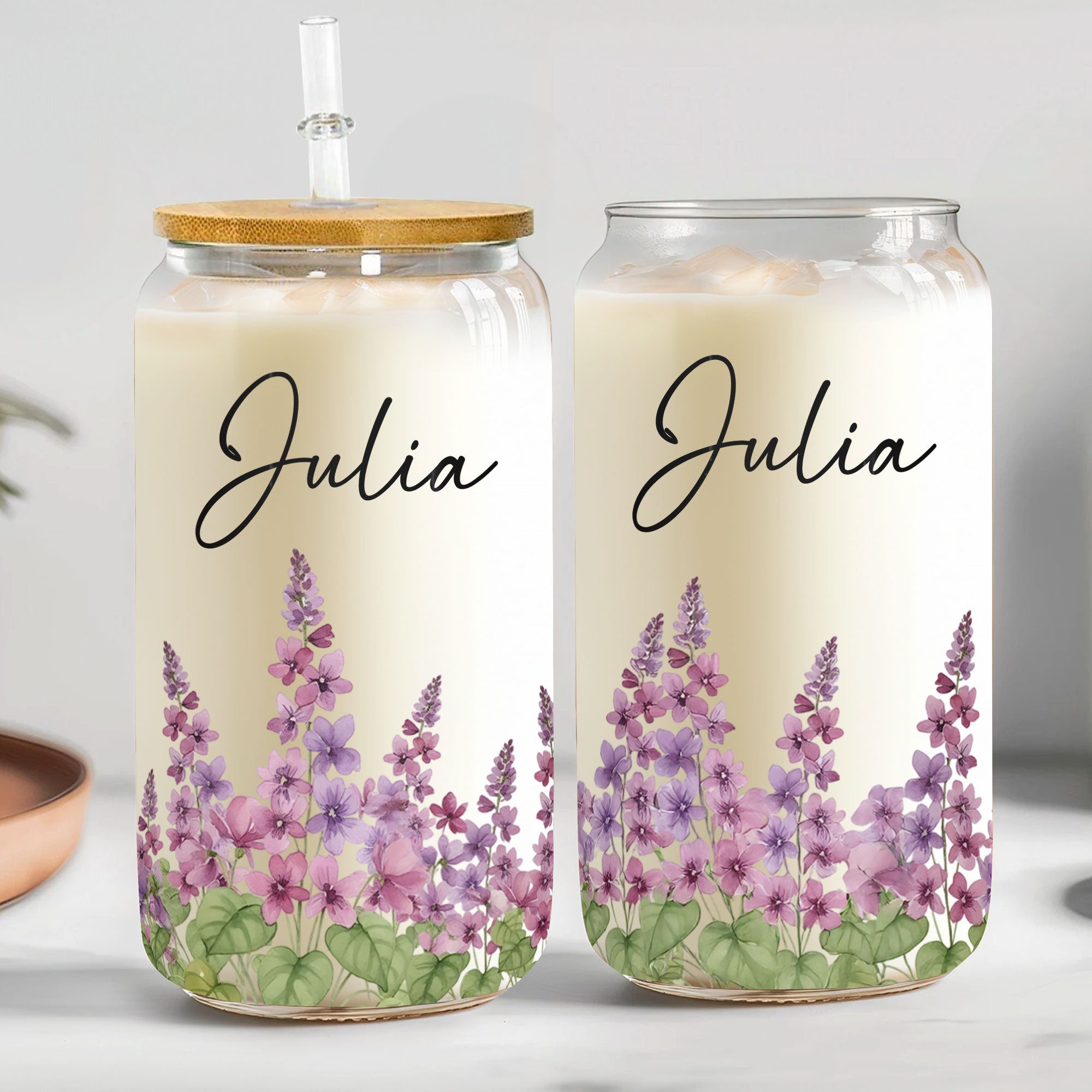 Custom Birth Flower & Name For Her, Wife, Daughter, Sister - Personalized Clear Glass Cup