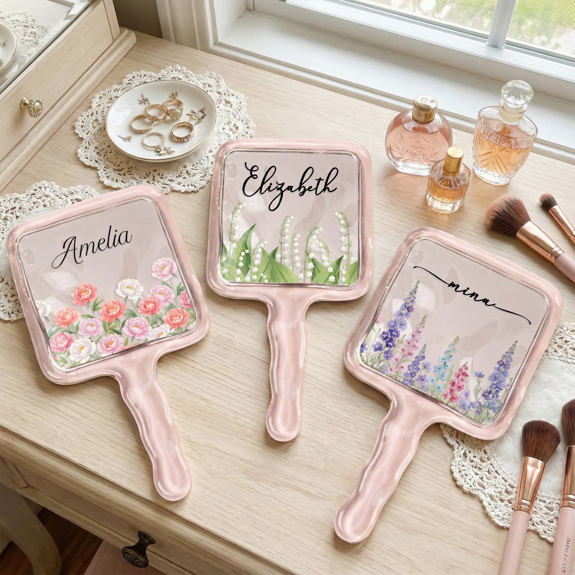Custom Birth Flower & Name For Her, Wife, Daughter, Sister - Personalized Handheld Mirror