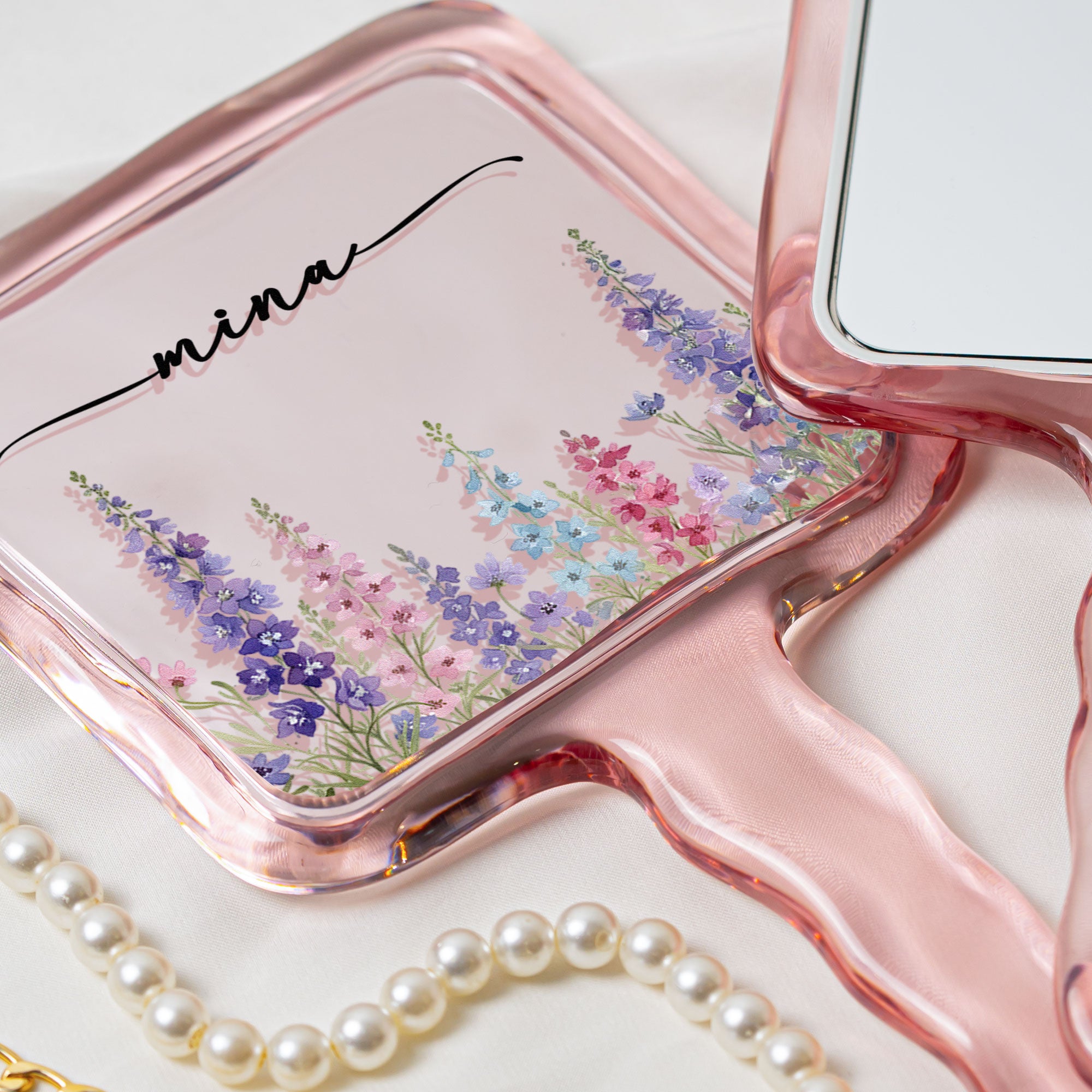 Custom Birth Flower & Name For Her, Wife, Daughter, Sister - Personalized Handheld Mirror