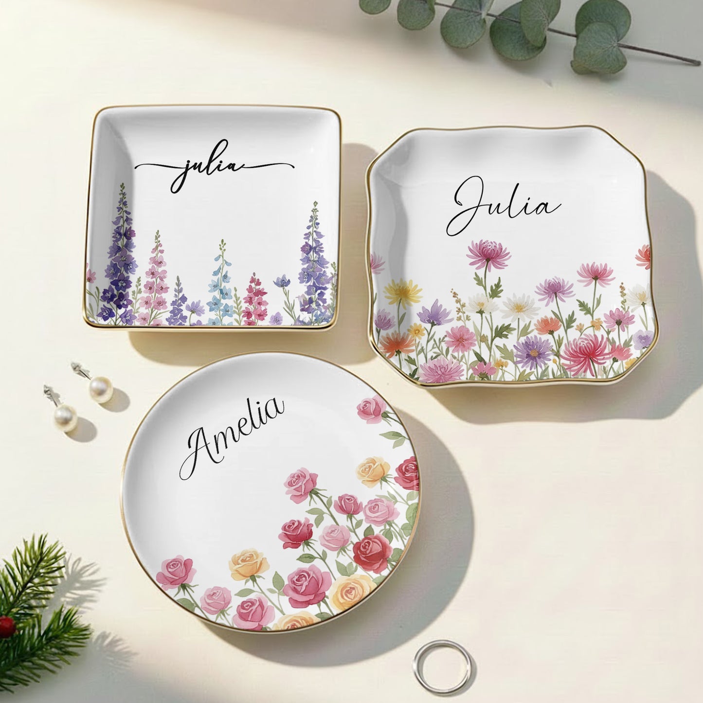 Custom Birth Flower & Name For Her, Wife, Daughter, Sister - Personalized Jewelry Dish