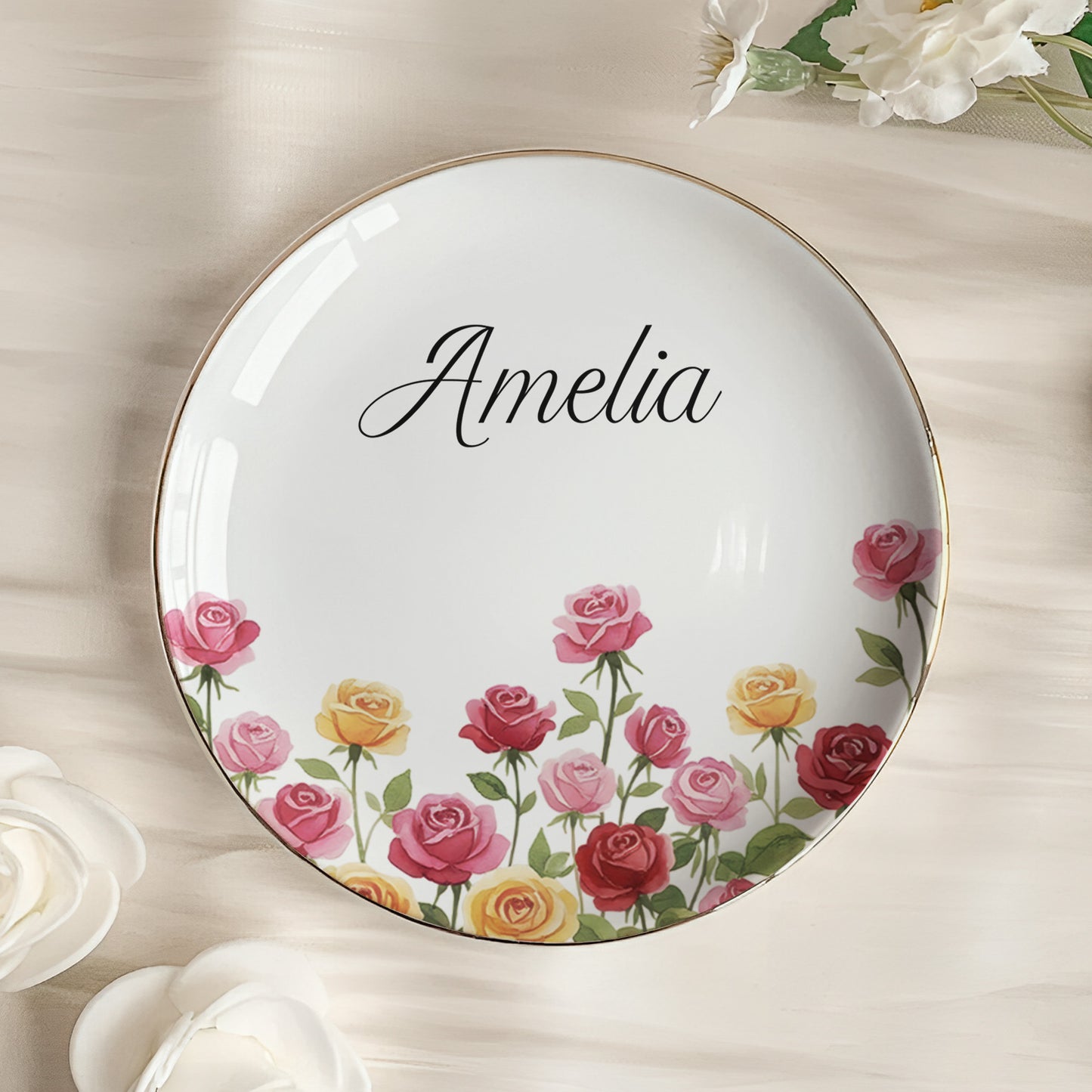 Custom Birth Flower & Name For Her, Wife, Daughter, Sister - Personalized Jewelry Dish