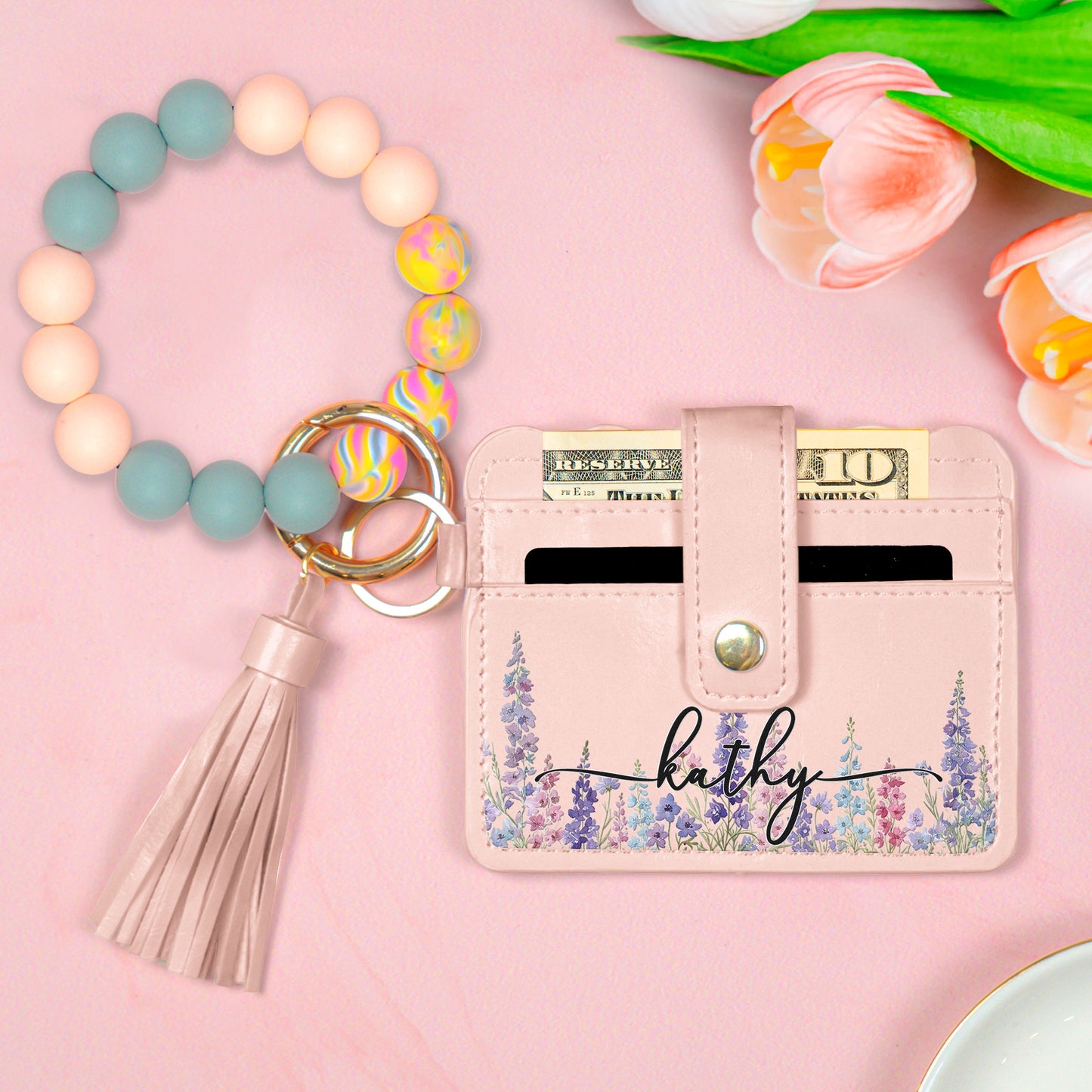 Custom Birth Flower & Name For Her, Wife, Daughter, Sister - Personalized Keychain Wristlet Leather Wallet