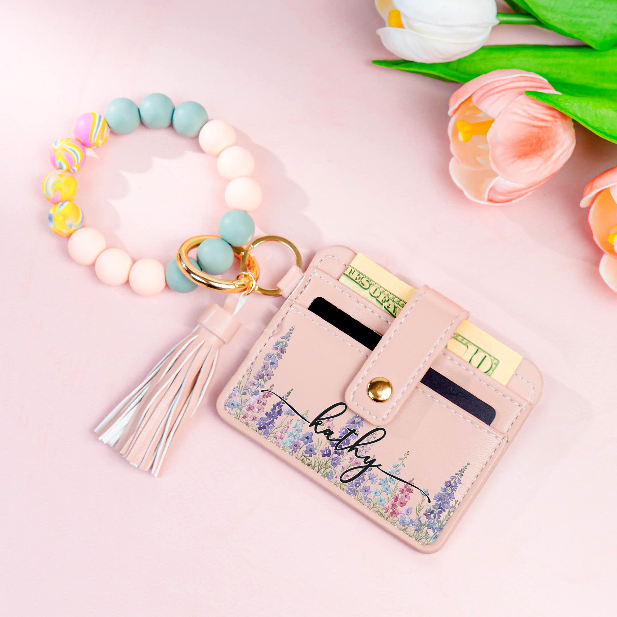 Custom Birth Flower & Name For Her, Wife, Daughter, Sister - Personalized Keychain Wristlet Leather Wallet