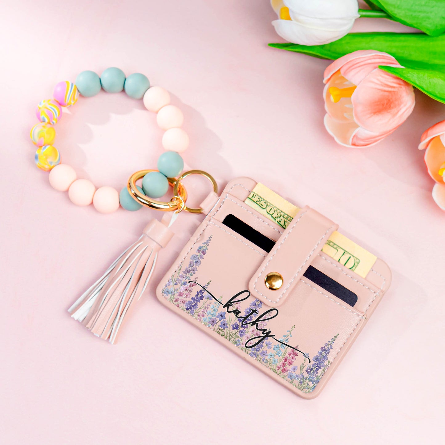 Custom Birth Flower & Name For Her, Wife, Daughter, Sister - Personalized Keychain Wristlet Leather Wallet