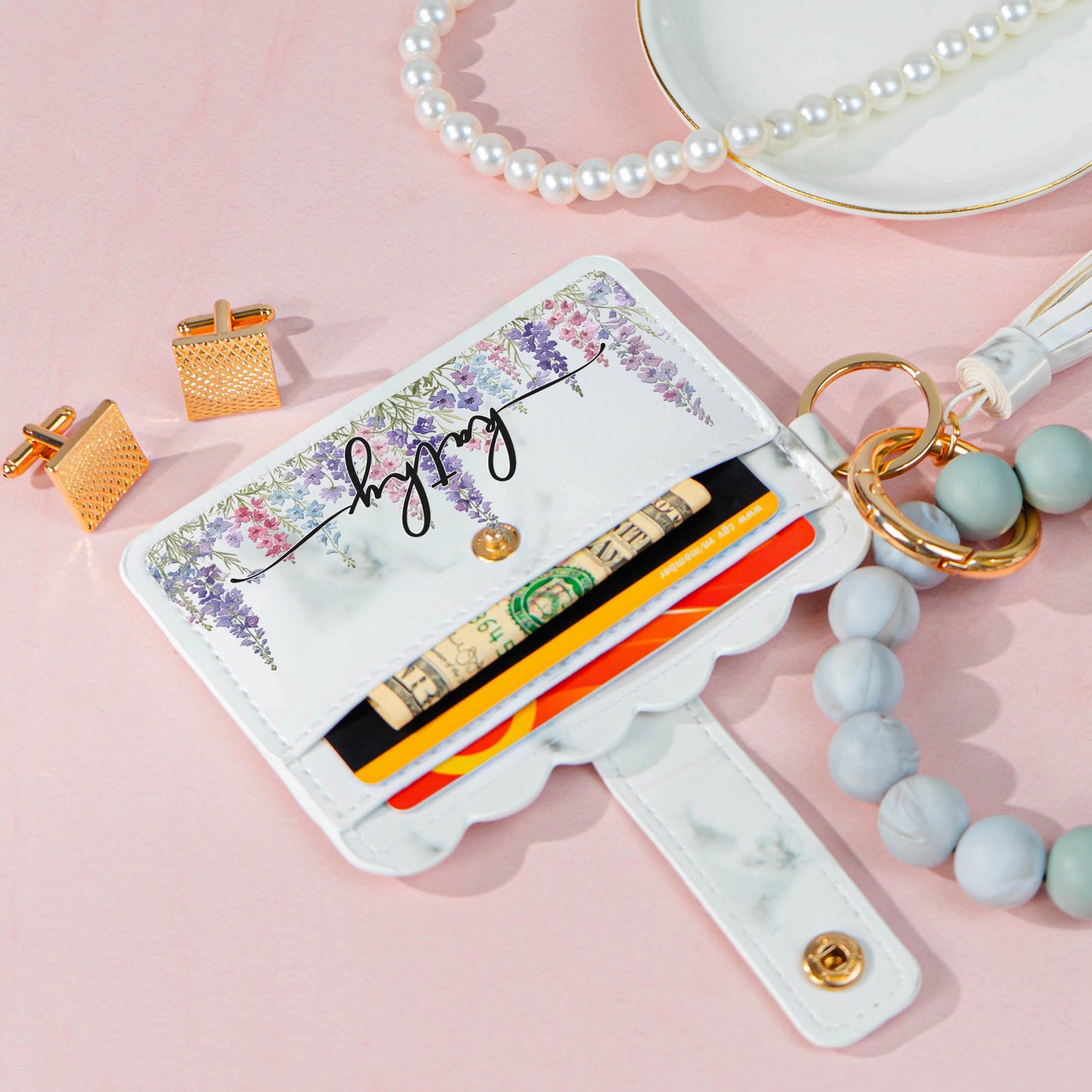 Custom Birth Flower & Name For Her, Wife, Daughter, Sister - Personalized Keychain Wristlet Leather Wallet