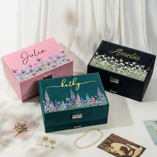 Custom Birth Flower & Name For Her, Wife, Daughter, Sister - Personalized Large Jewelry Box