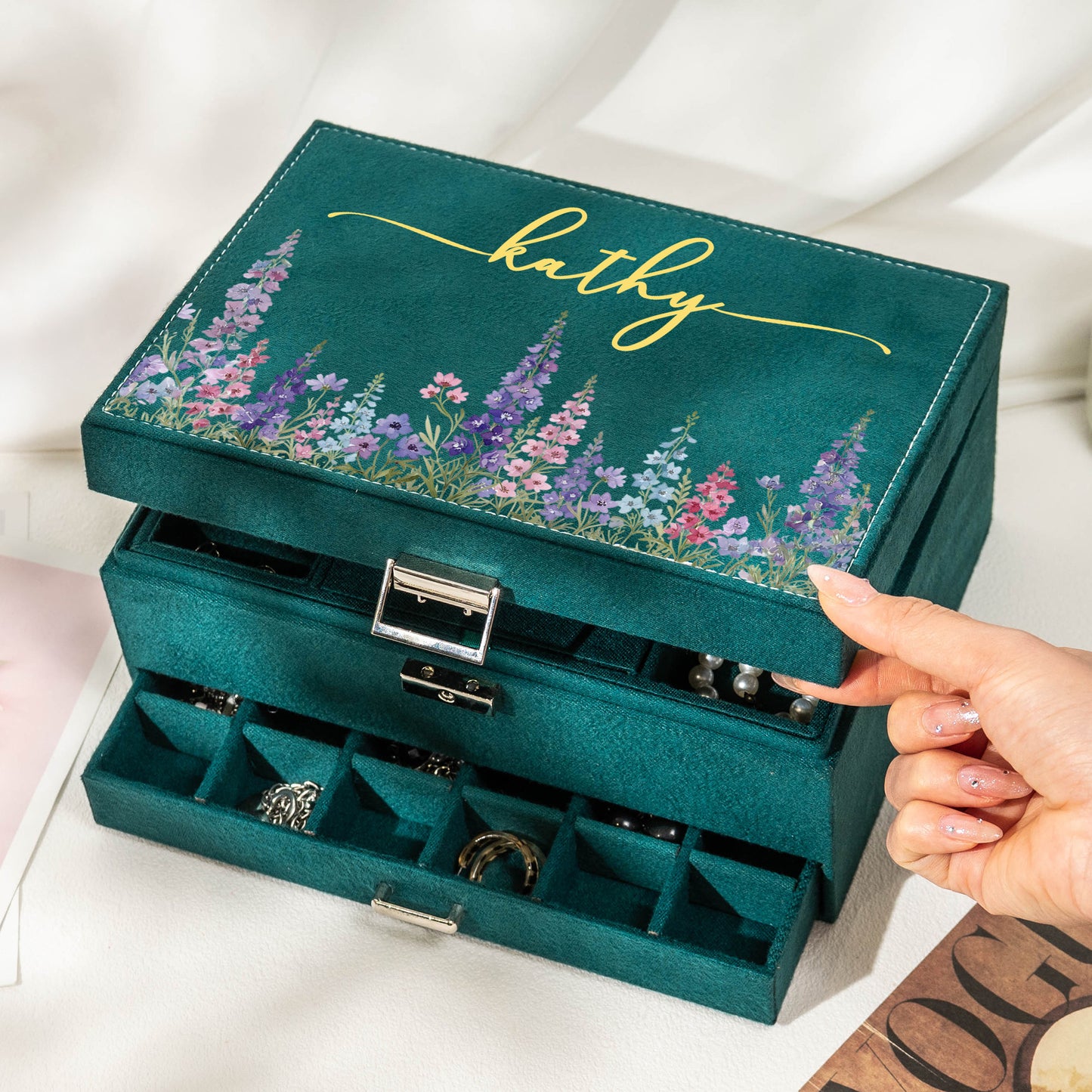 Custom Birth Flower & Name For Her, Wife, Daughter, Sister - Personalized Large Jewelry Box