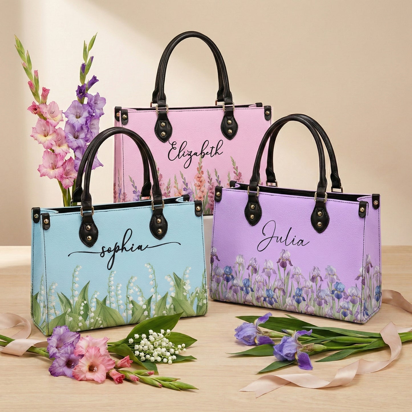Custom Birth Flower & Name For Her, Wife, Daughter, Sister - Personalized Leather Bag
