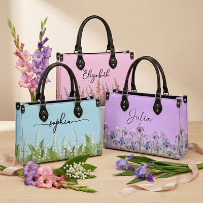 Custom Birth Flower & Name For Her, Wife, Daughter, Sister - Personalized Leather Bag