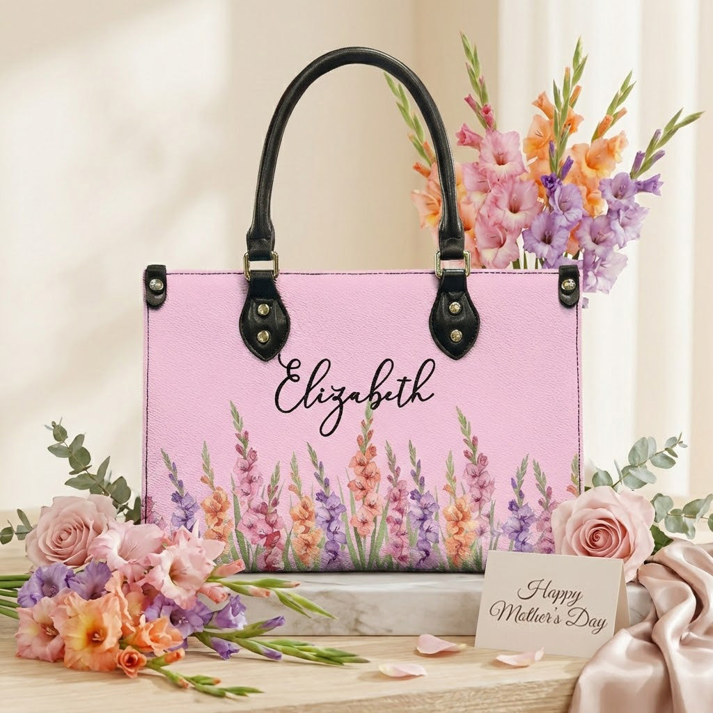 Custom Birth Flower & Name For Her, Wife, Daughter, Sister - Personalized Leather Bag