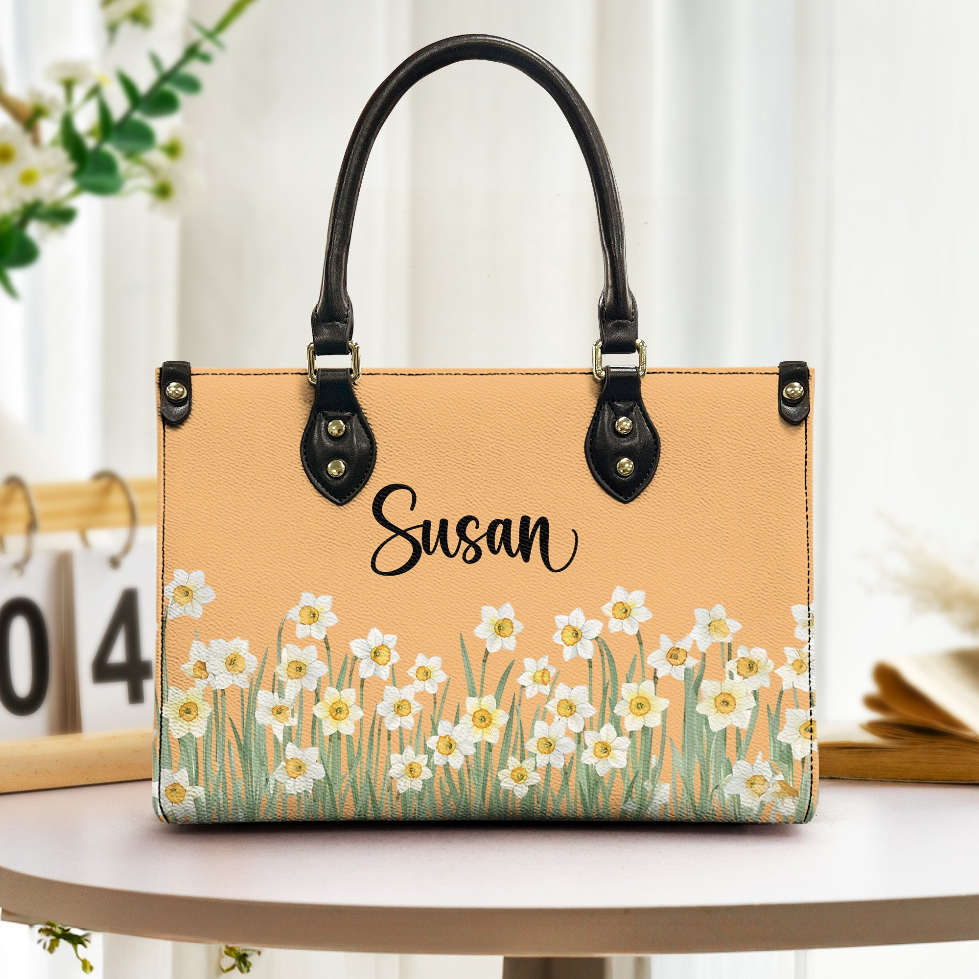 Custom Birth Flower & Name For Her, Wife, Daughter, Sister - Personalized Leather Bag