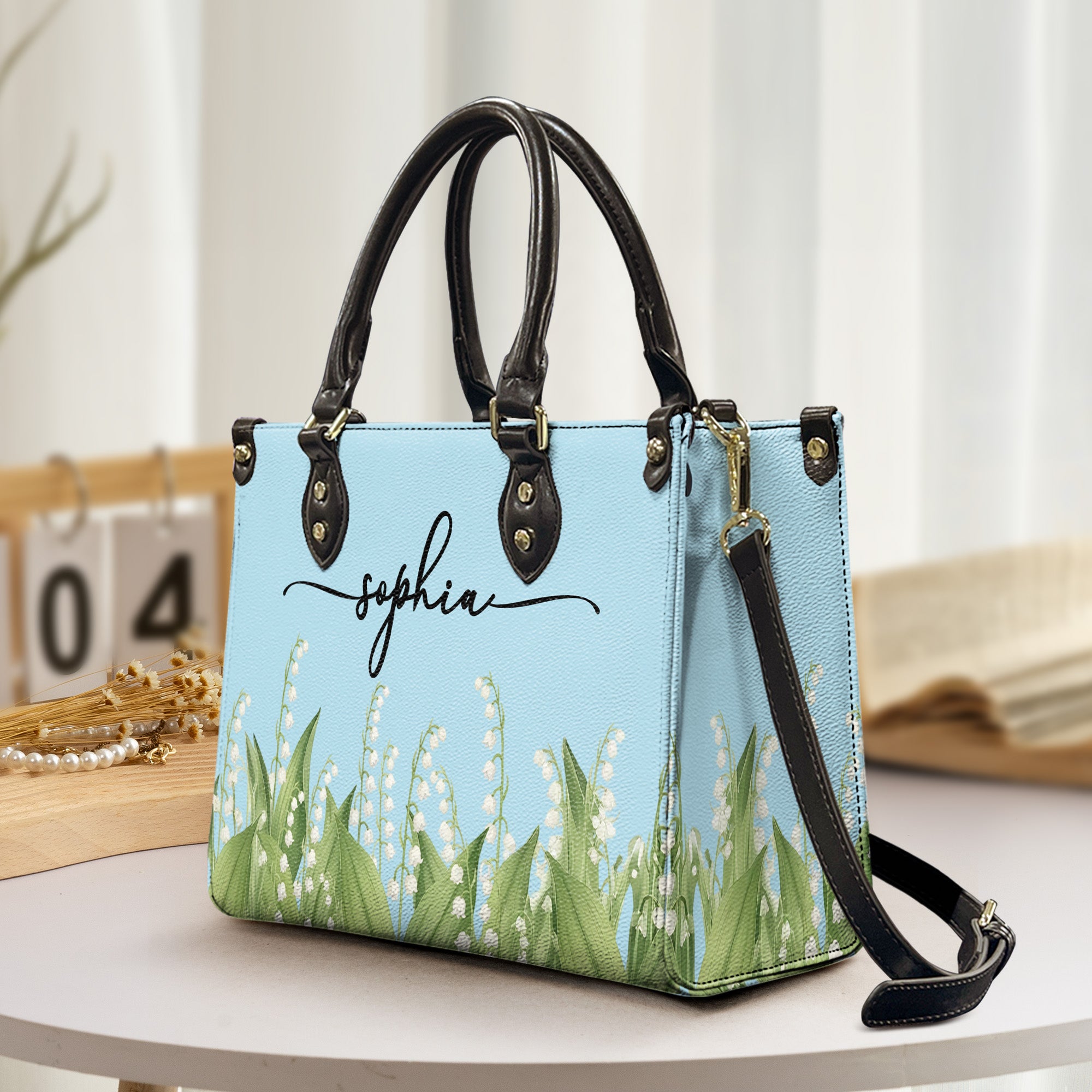 Custom Birth Flower & Name For Her, Wife, Daughter, Sister - Personalized Leather Bag