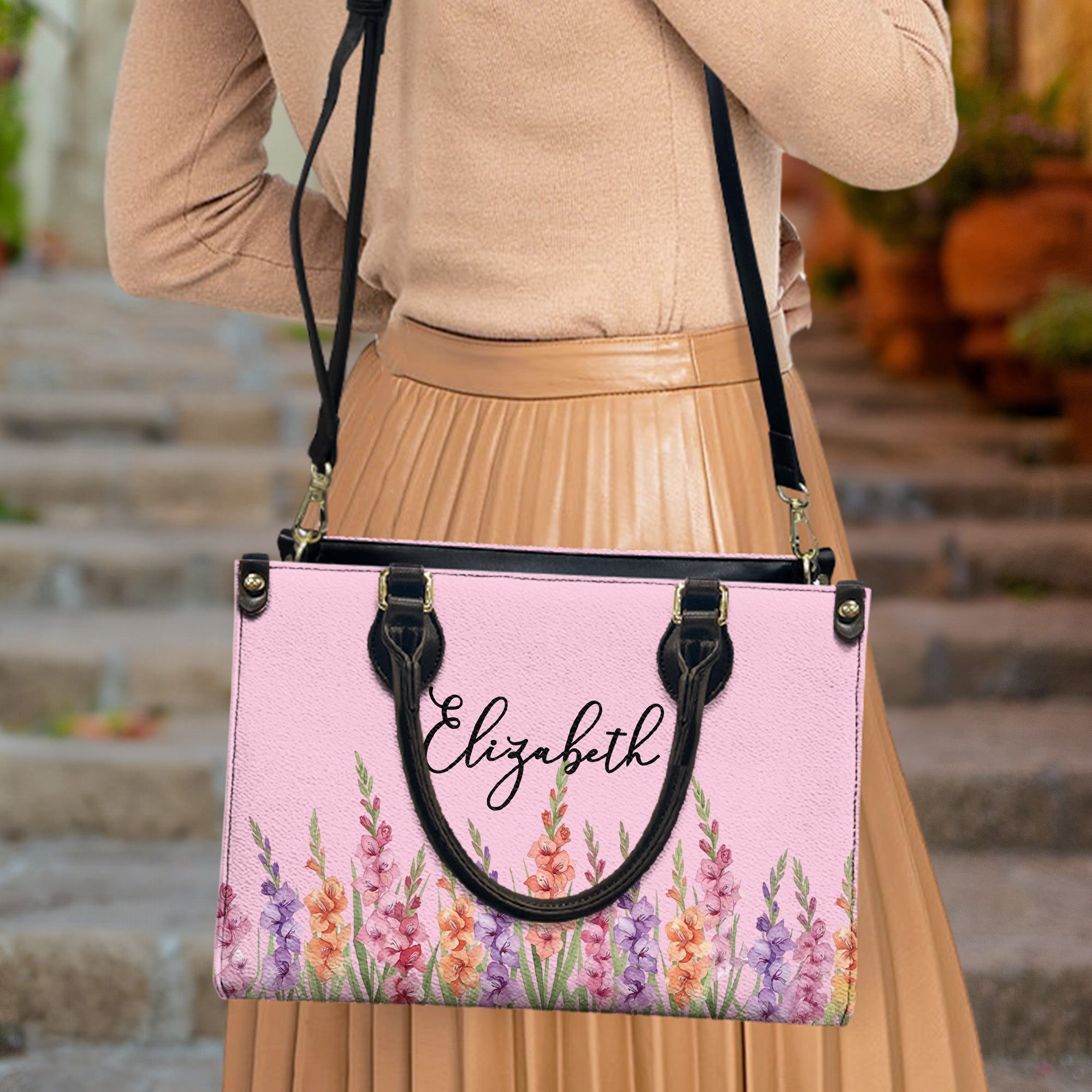 Custom Birth Flower & Name For Her, Wife, Daughter, Sister - Personalized Leather Bag